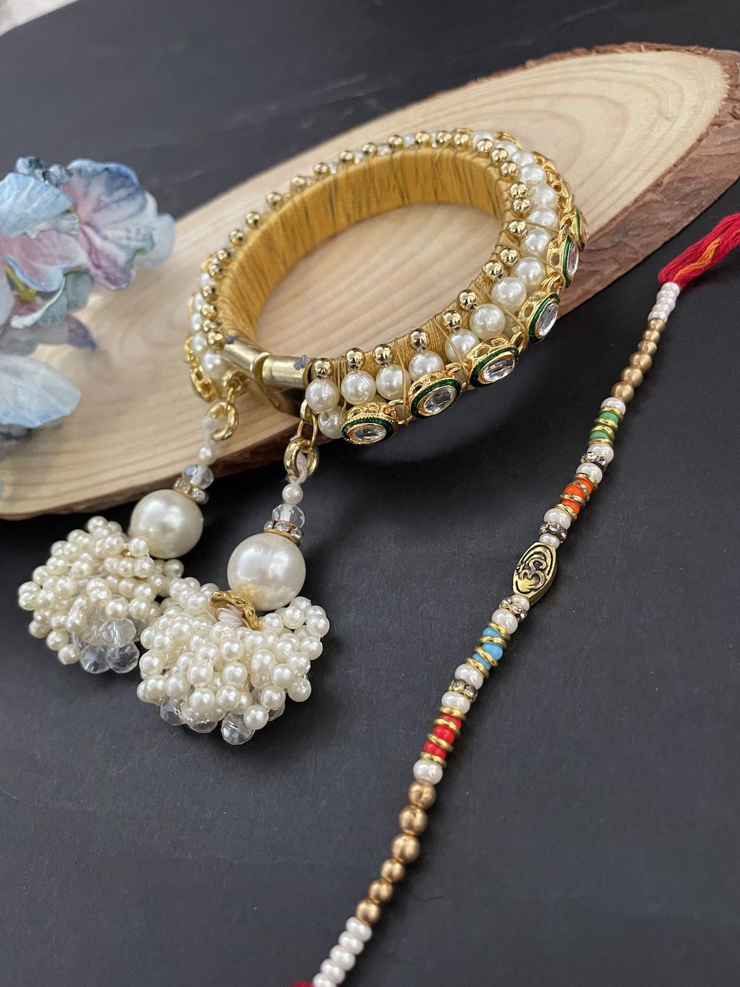 

Digital Dress Room Set Of 2 Beaded & Kundan Lumba Rakhis With Roli Chawal, White