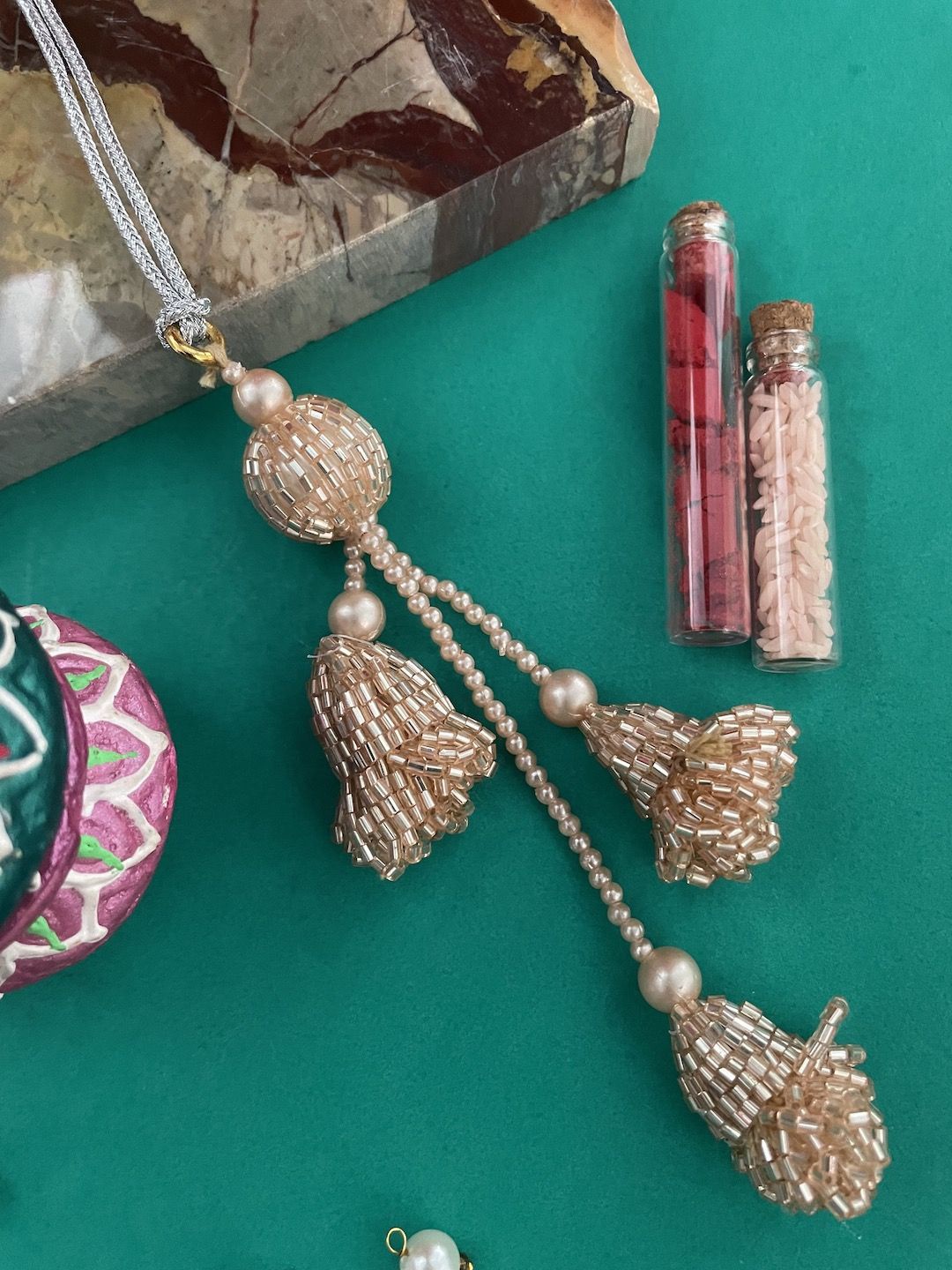 

Digital Dress Room Beaded Latkan Lumba Rakhi With Roli Chawal, Gold