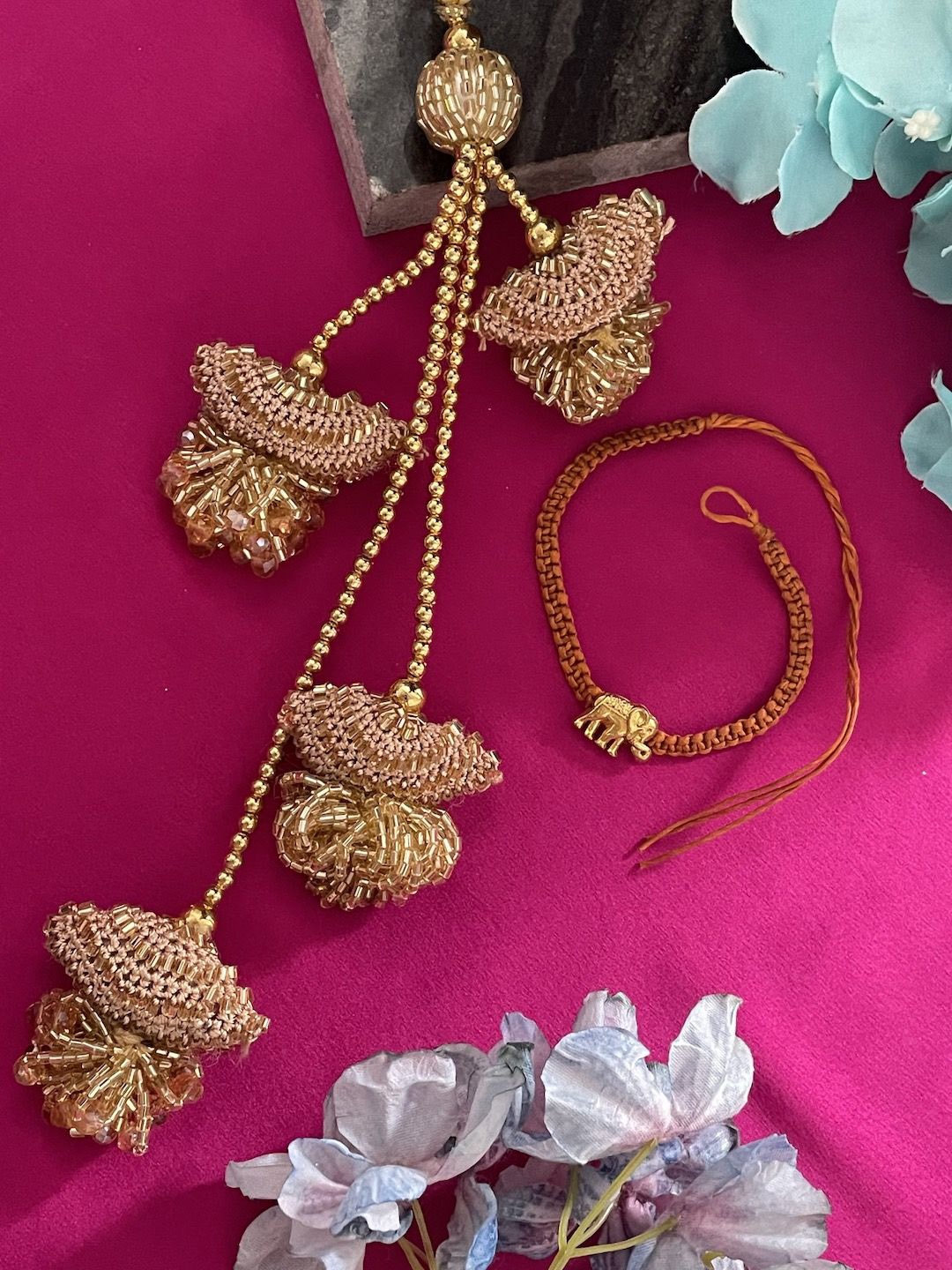 

Digital Dress Room Set Of 2 Elephant & Beaded Lumba Thread s With Roli Chawal, Gold