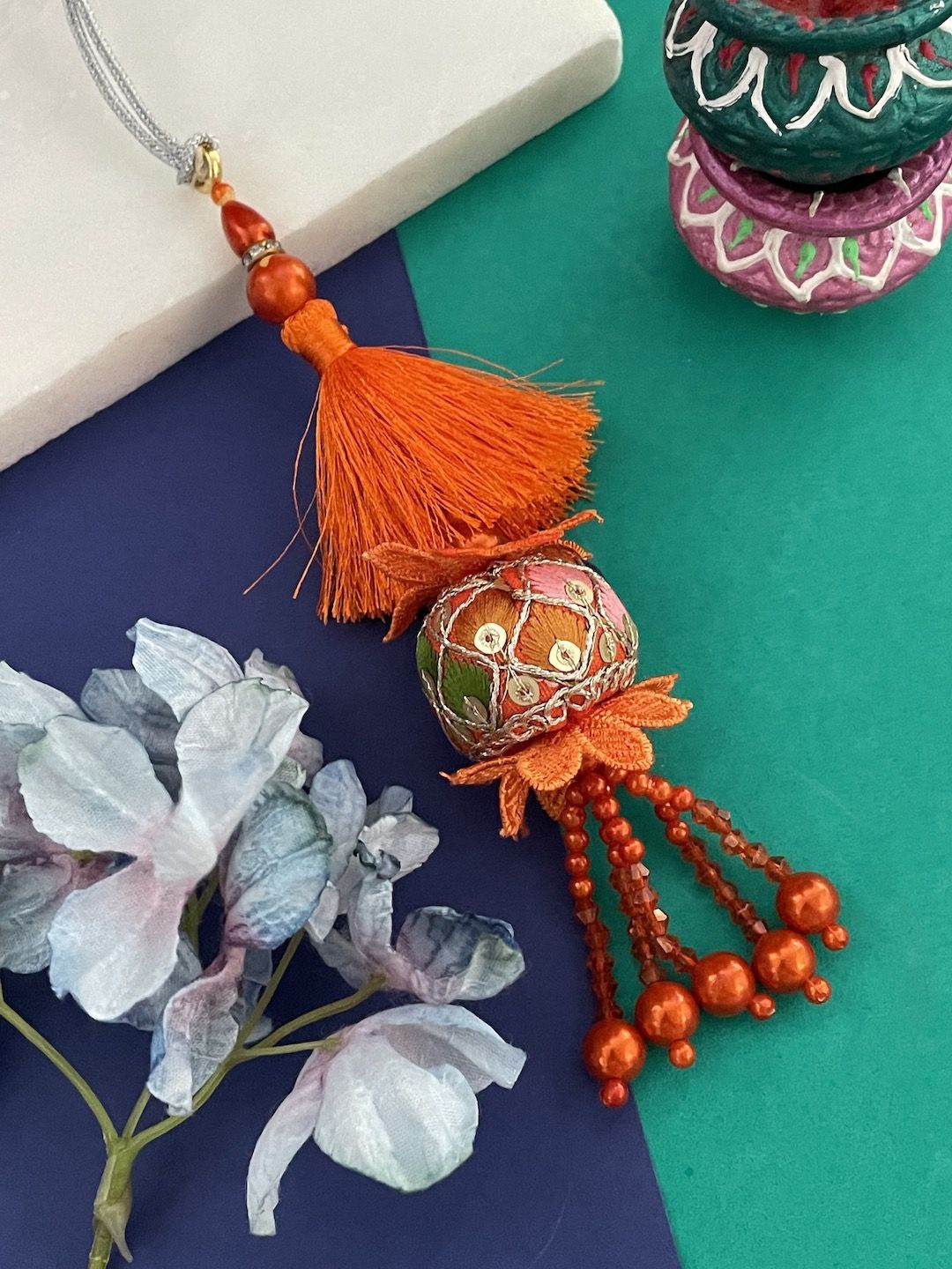 

Digital Dress Room Beaded Latkan Lumba Thread Rakhi With Roli Chawal, Gold