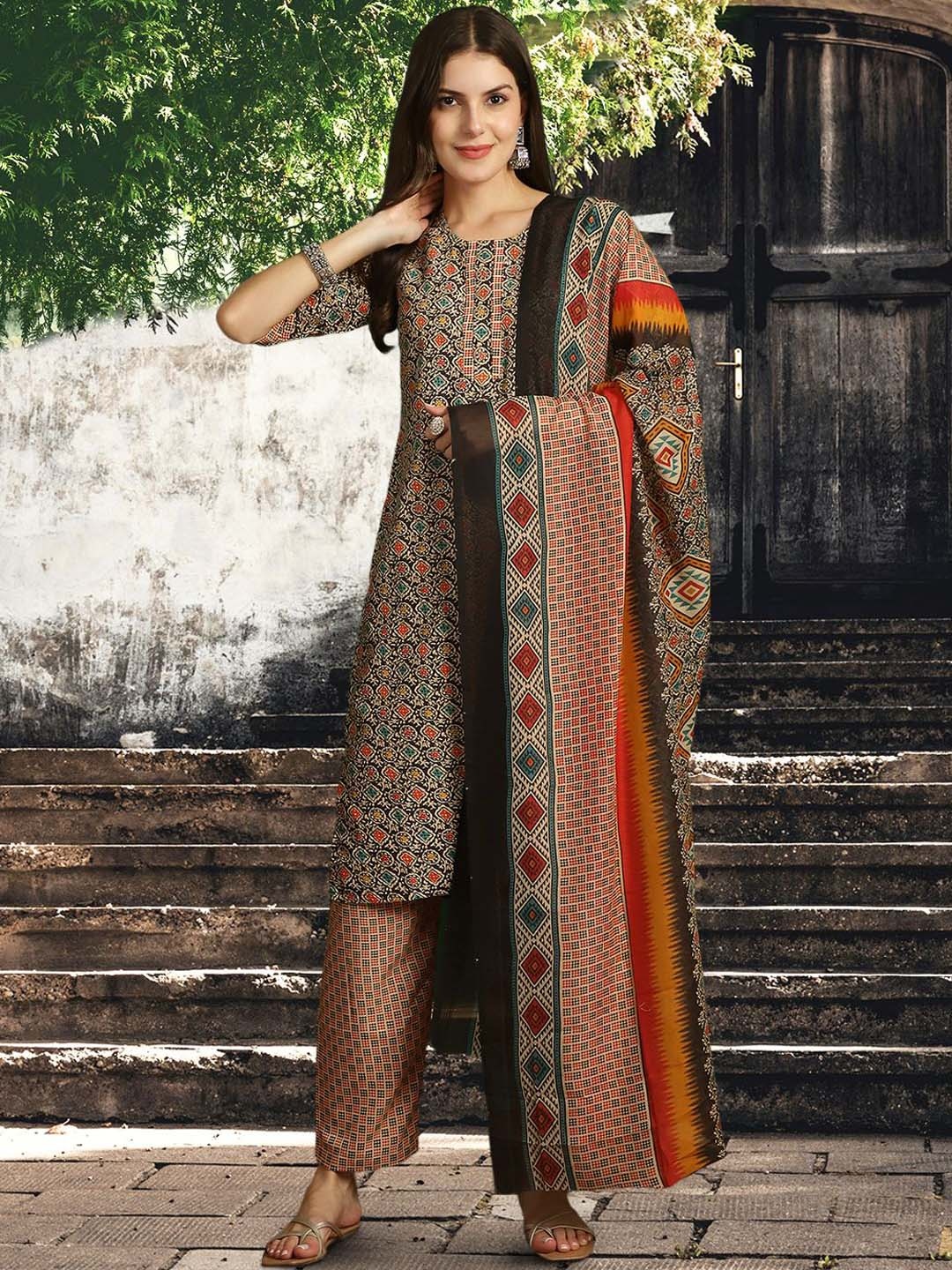 

7Threads Ethnic Motifs Printed Regular Pure Cotton Straight Kurta With Trousers & Dupatta, Black