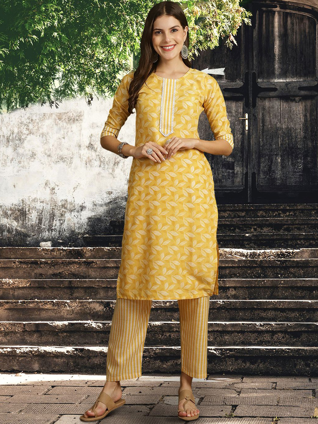 

7Threads Ethnic Motifs Printed Round Neck Pure Cotton Kurta with Trousers & With Dupatta, Yellow