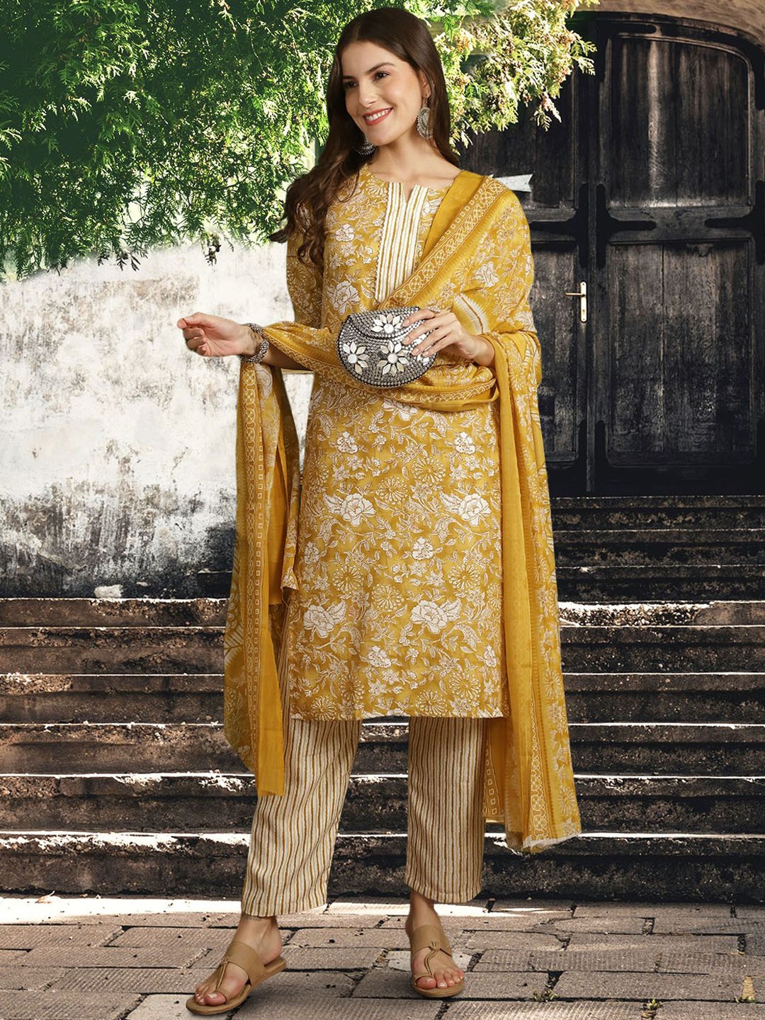 

7Threads Floral Printed Straight Pure Cotton Kurta with Trousers & Dupatta, Mustard