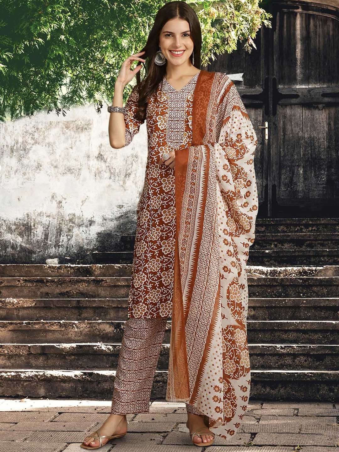 

7Threads Floral Printed V-Neck Straight Pure Cotton Kurta with Trousers & Dupatta, Rust