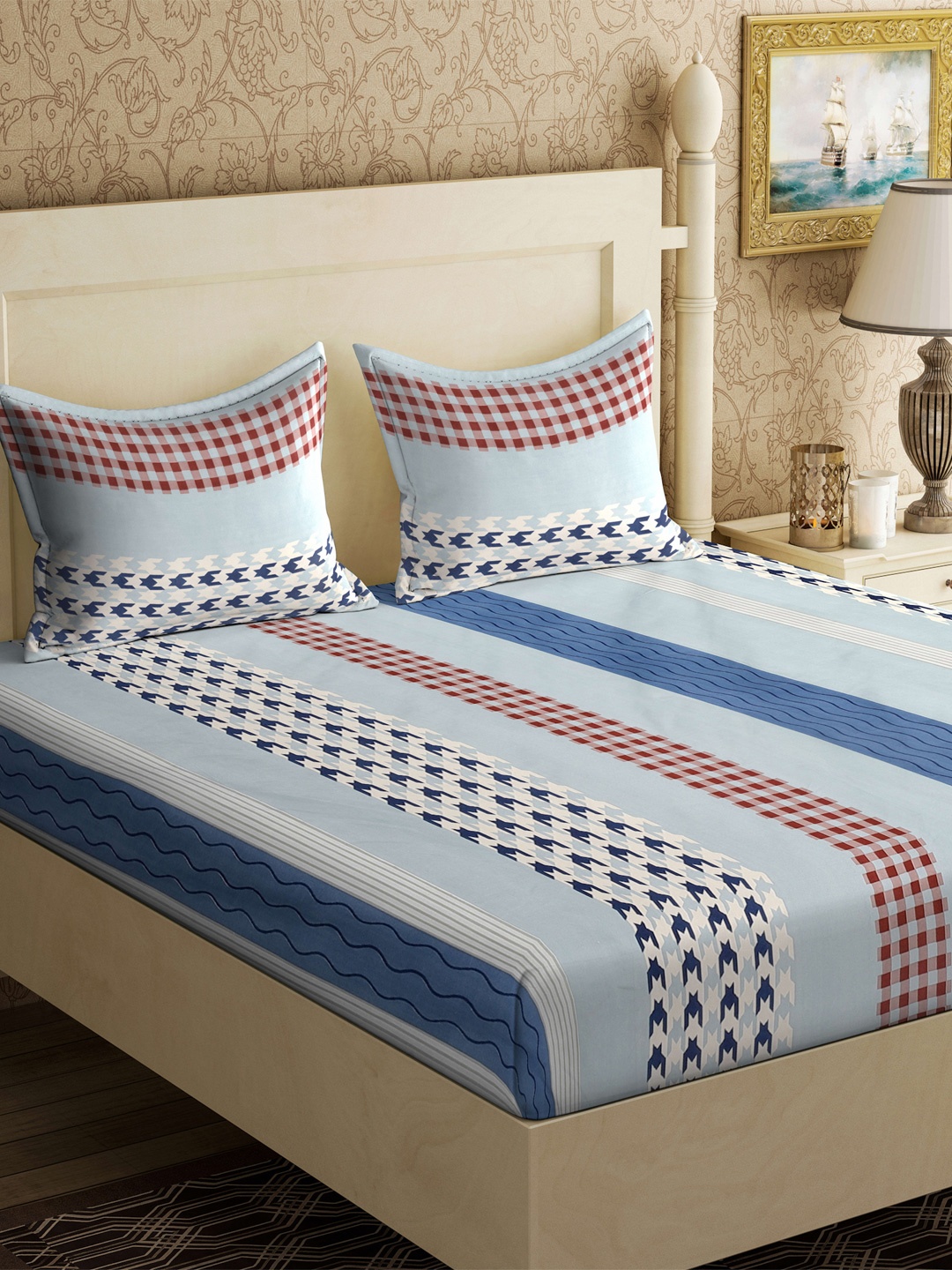 

KLOTTHE Blue & Brown Striped 300TC Double King Bedsheet & 2 Pillow Covers