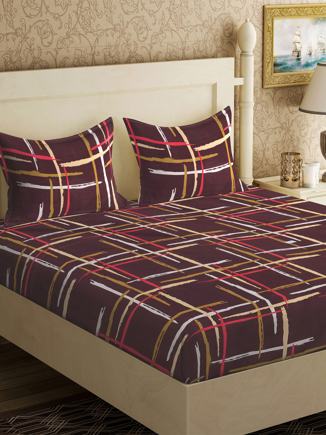 

KLOTTHE Brown & White Striped 300 TC Double King Bedsheet With 2 Pillow Covers