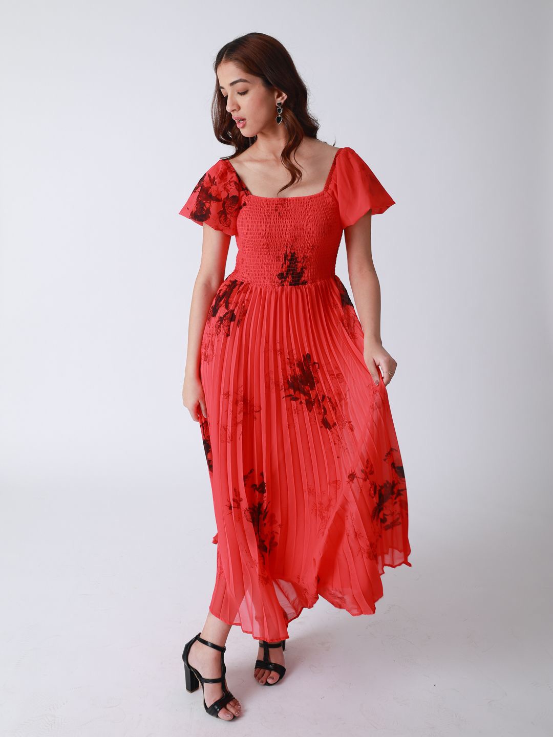 

Strong And Brave Women Floral Printed Smocked & Pleated Odor Free Fit & Flare Dress, Coral