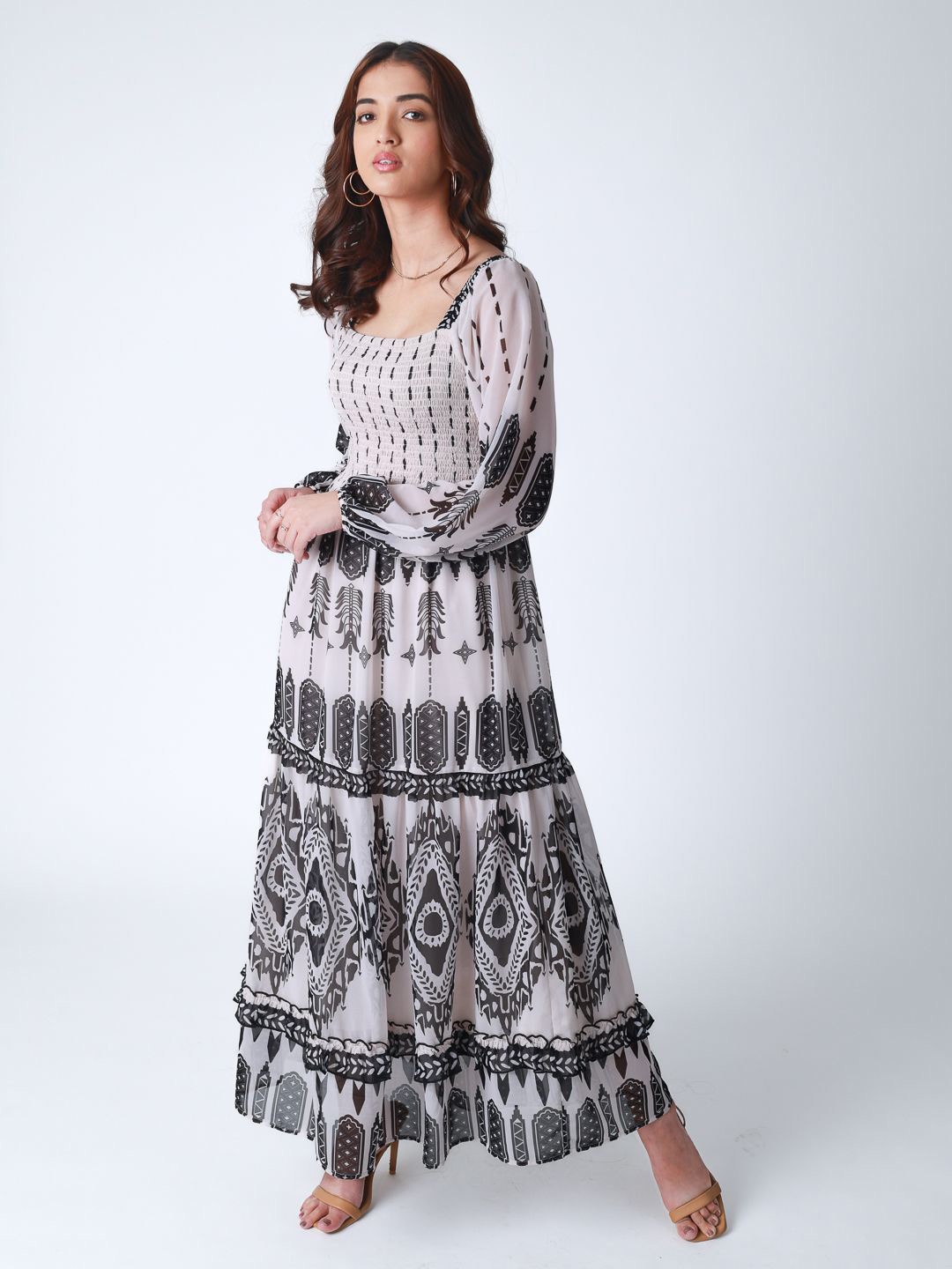 

Strong And Brave Odour Free Tribal Print Smocked Bodice Long Dress, White