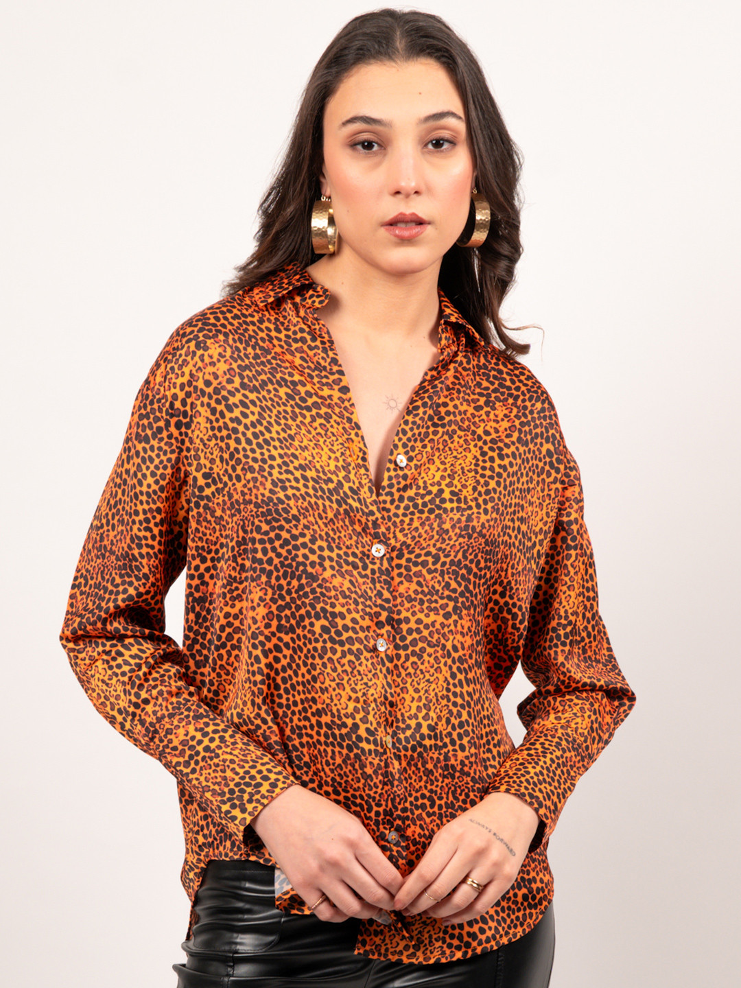 

Strong And Brave Women Oversized Leapord Print Satin Shirt, Brown