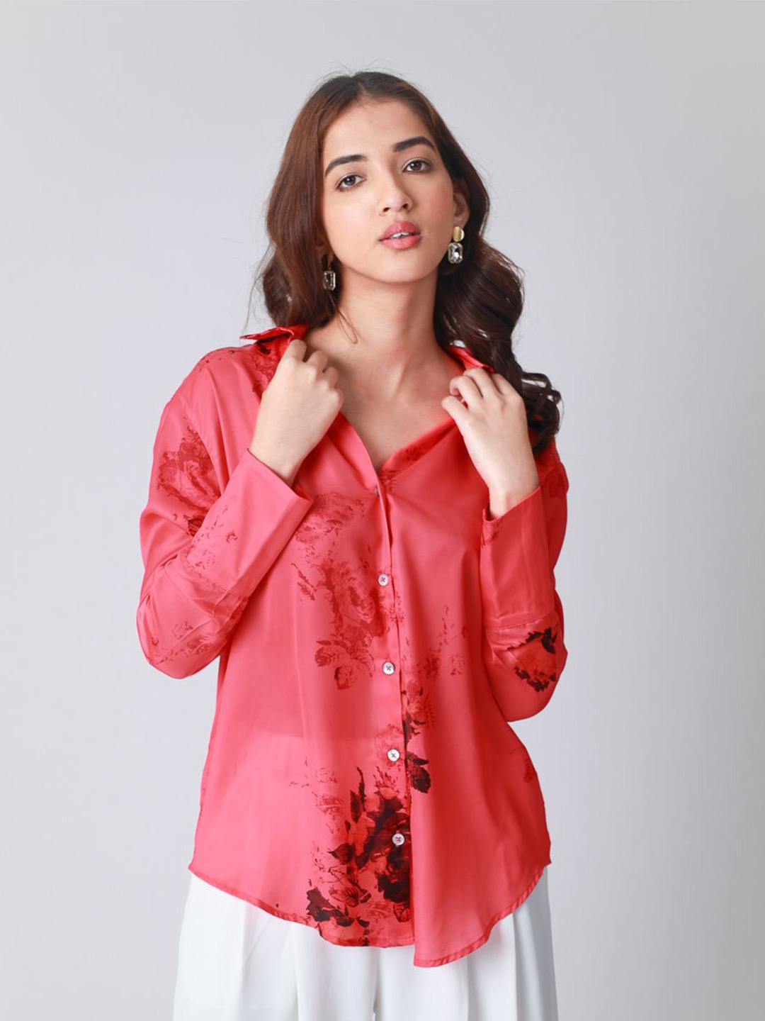 

Strong And Brave Women Premium Oversized Floral Satin Shirt, Coral