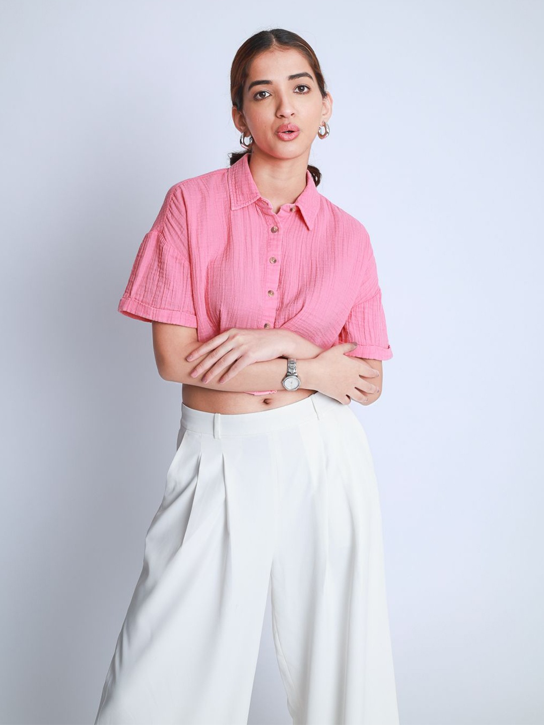

Strong And Brave Women Oversized Cotton Crop Shirt, Pink