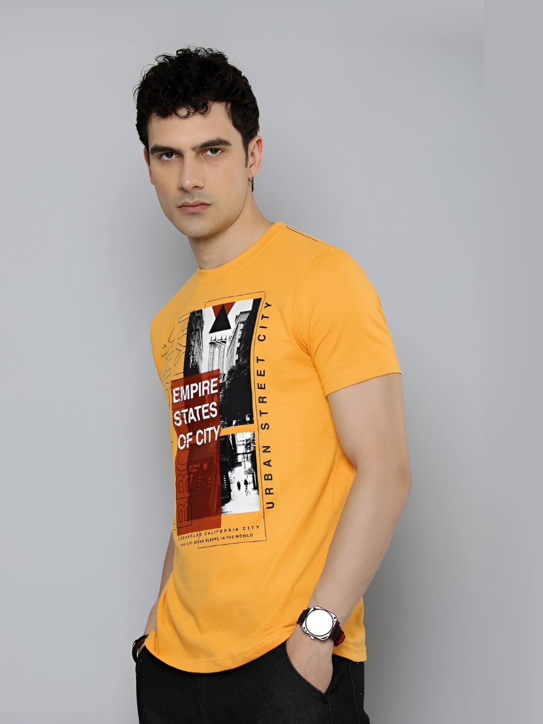 

R.Code by The Roadster Life Co. Men Printed Round Neck T-shirt, Yellow