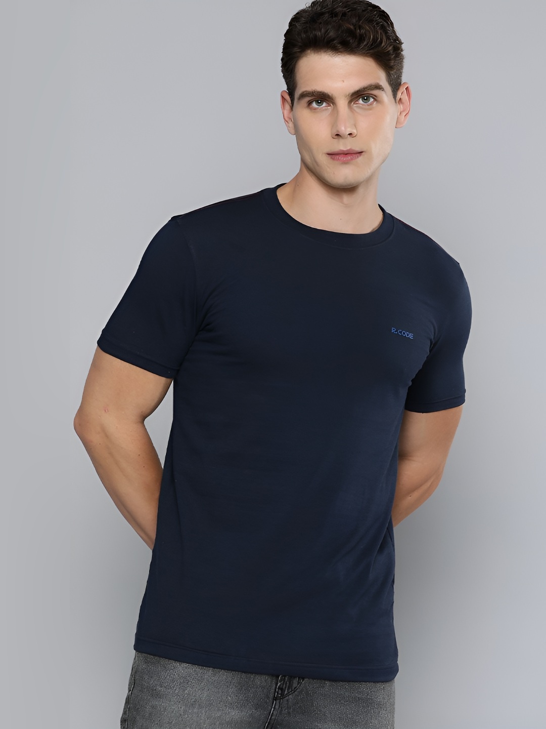 

R.Code by The Roadster Life Co. Men Solid Round Neck T-shirt, Navy blue