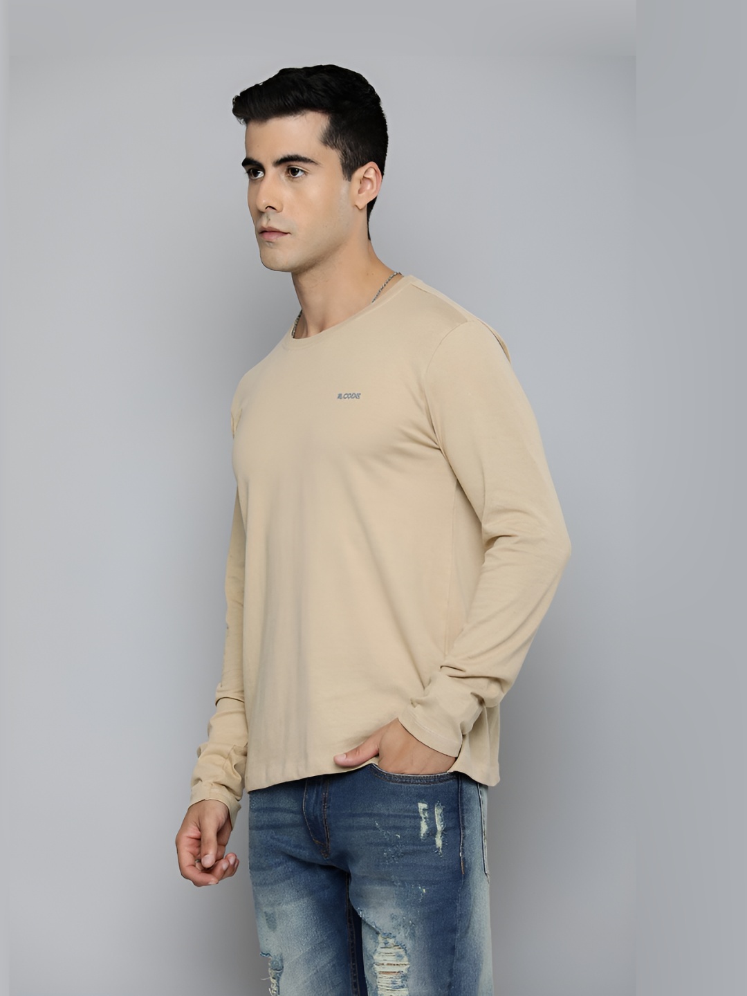 

R.Code by The Roadster Life Co. Men Solid Round Neck T-shirt, Beige