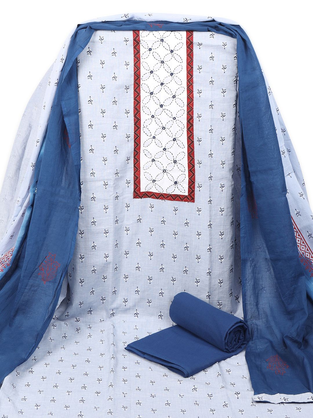 

KAMI KUBI Ethnic Motifs Printed Pure Cotton Unstitched Dress Material, Blue