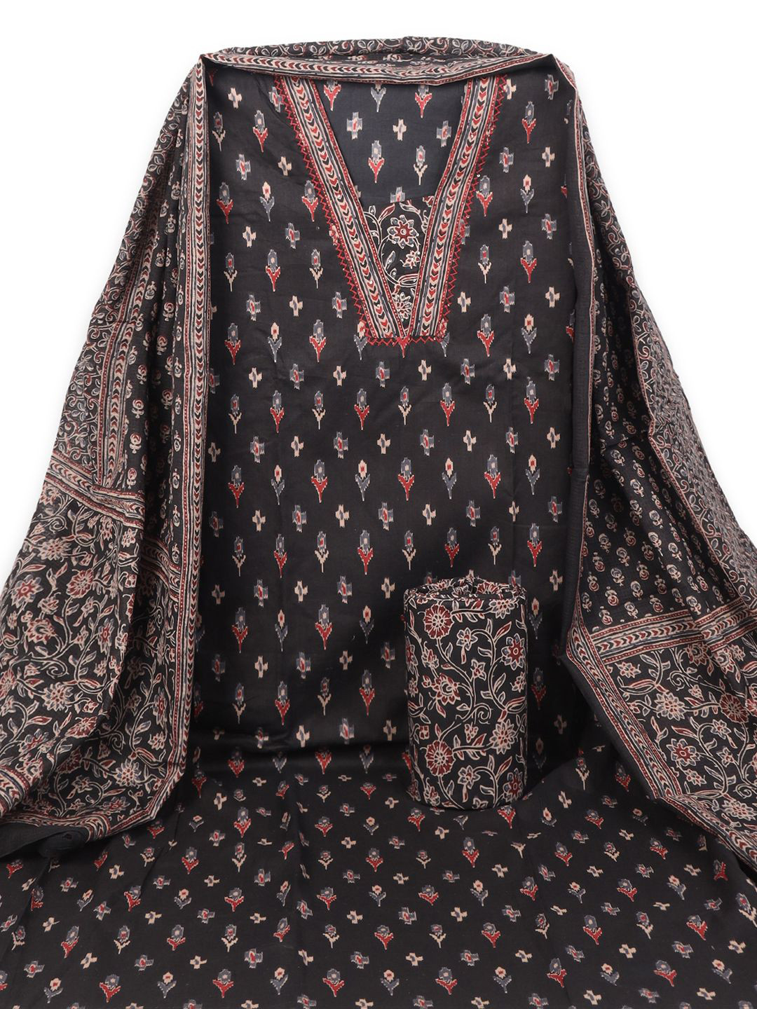 

KAMI KUBI Ethnic Motifs Printed Pure Cotton Unstitched Dress Material, Black