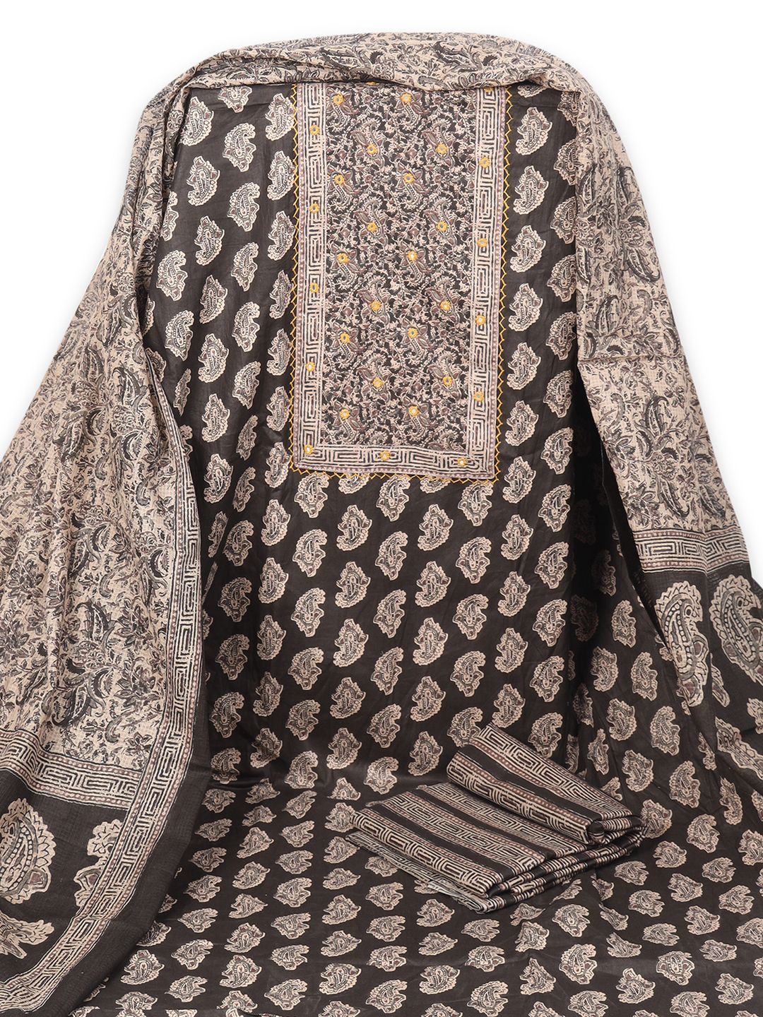 

KAMI KUBI Ethnic Motifs Printed Pure Cotton Unstitched Dress Material, Black