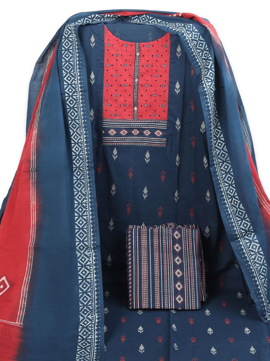 

KAMI KUBI Ethnic Motifs Printed Pure Cotton Unstitched Dress Material, Blue