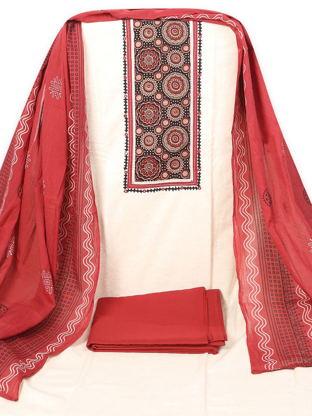 

KAMI KUBI Yoke Designed Printed Thread Work Pure Cotton Unstitched Dress Material, Off white