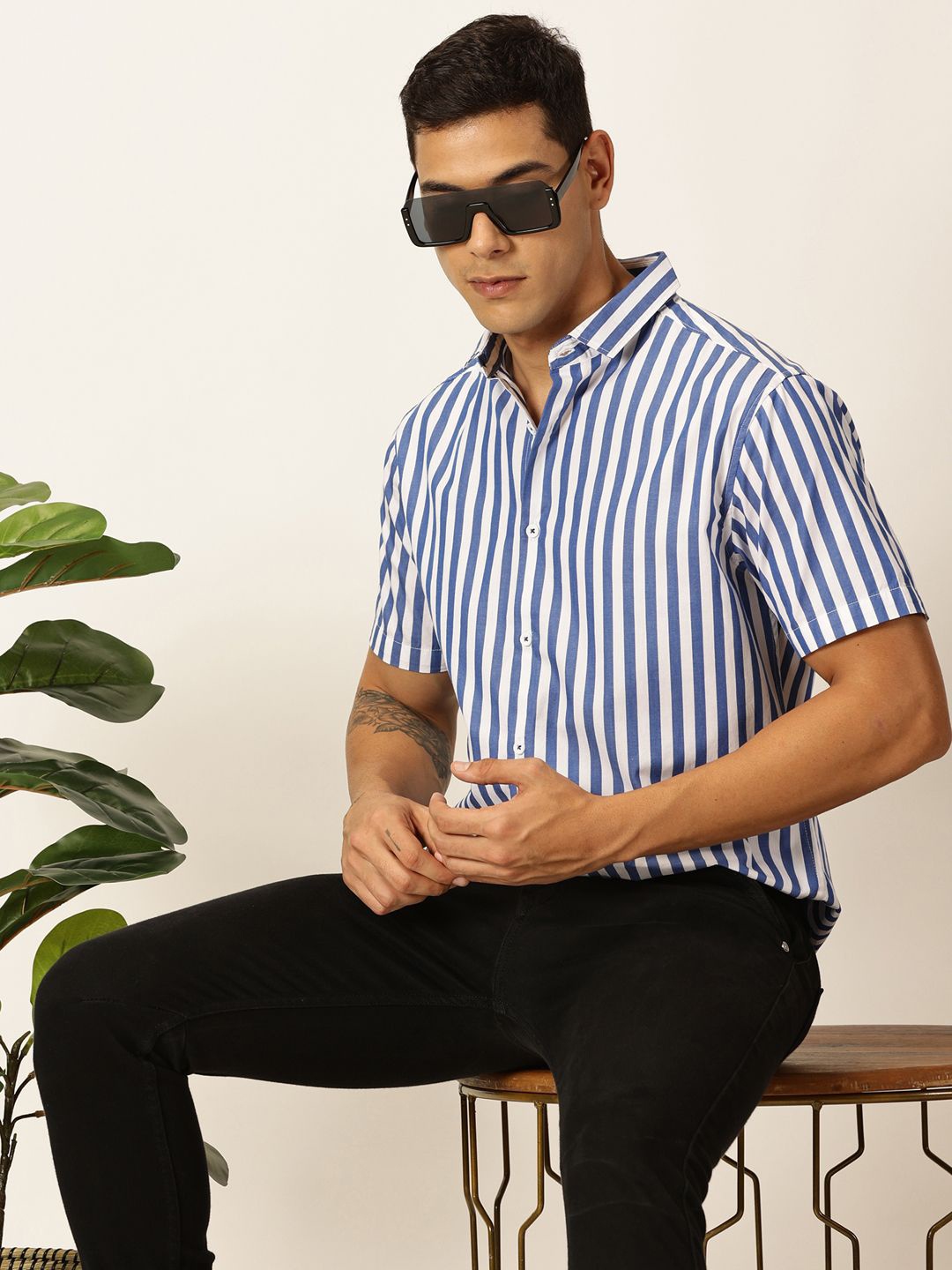 

Mast & Harbour Men Cotton Striped Premium Opaque Casual Shirt, Blue