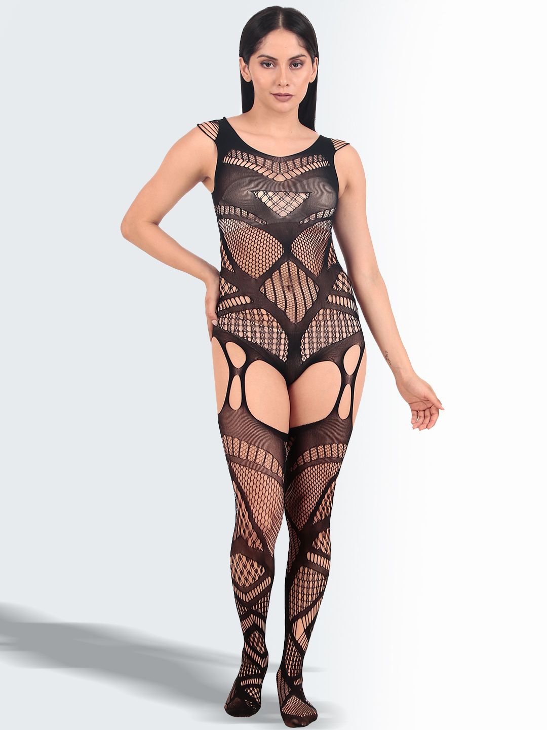 

Secret Lives Self Design Stretchable Full Body Stockings, Black