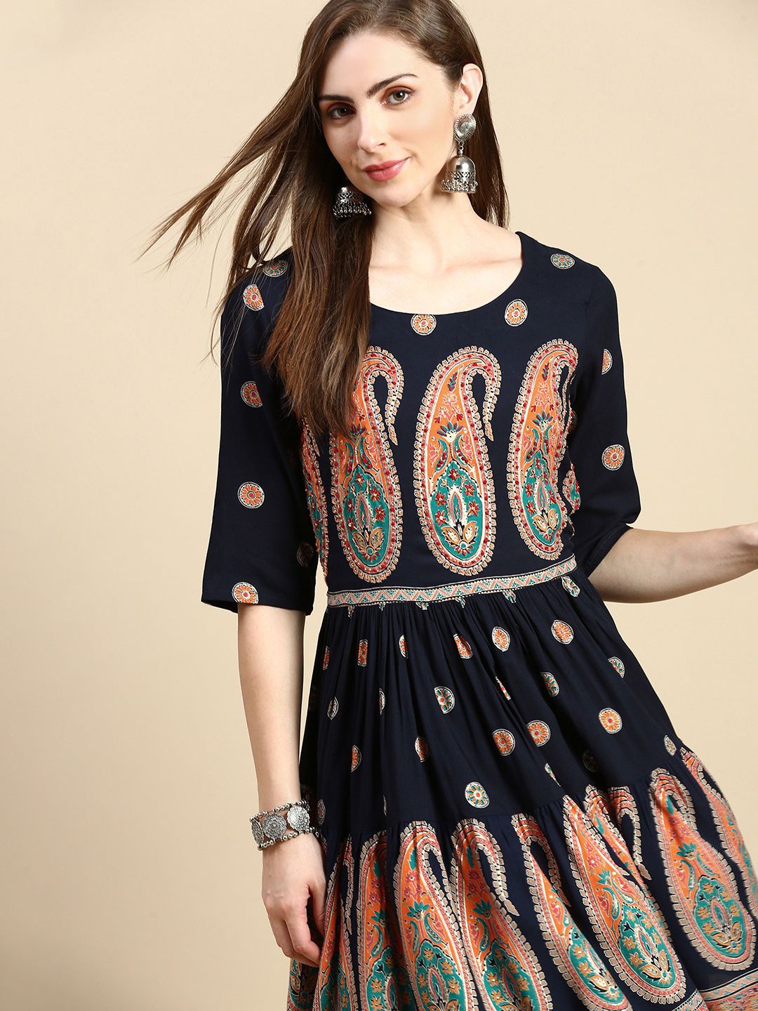 

SHOWOFF V Women's Paisley Printed Empire Kurti, Navy blue