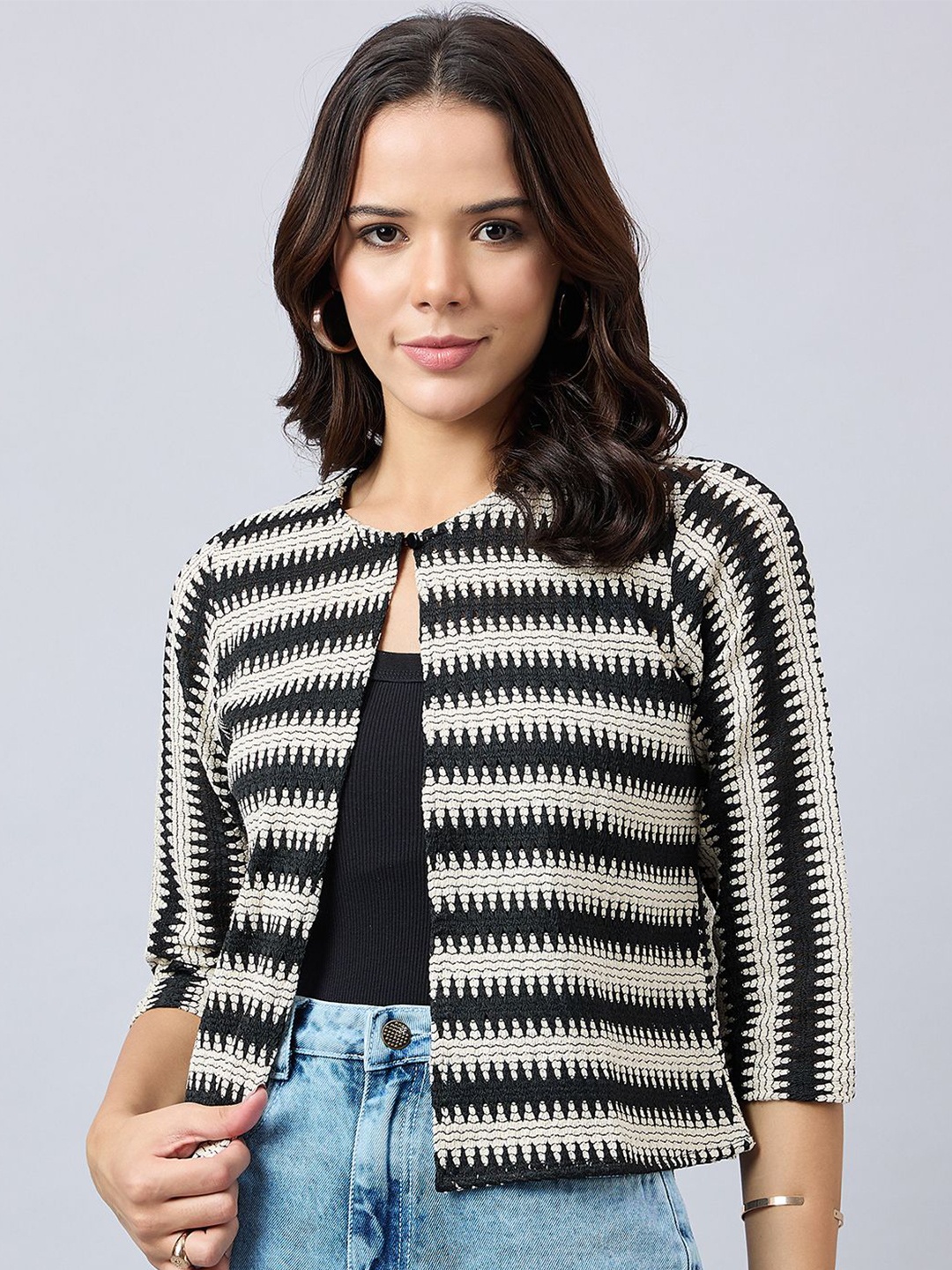 

Style Quotient Striped Button Shrug, Beige