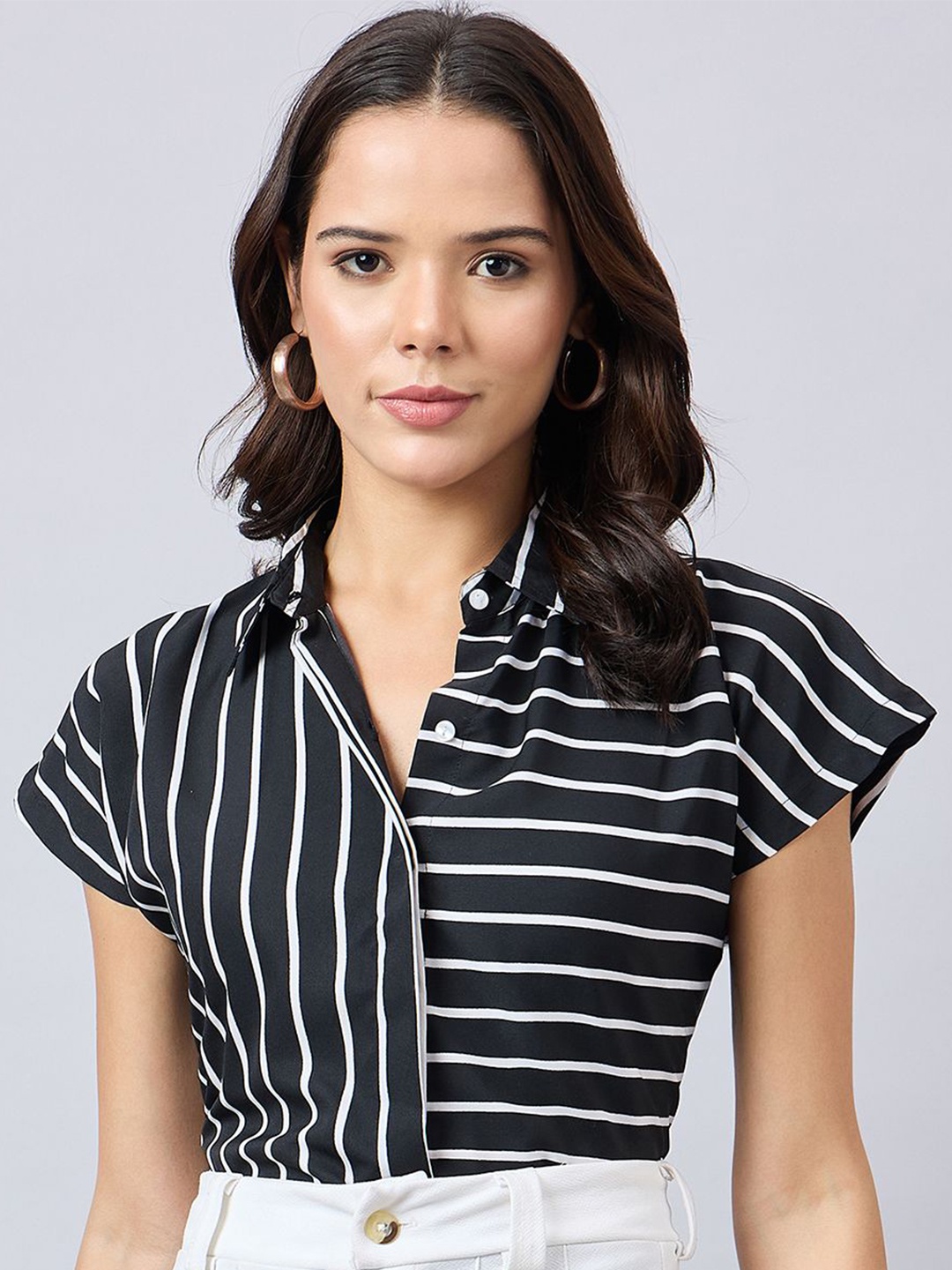 

Style Quotient Women Opaque Horizontal Stripes Formal Shirt, Black