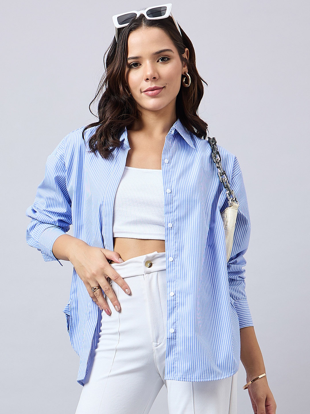 

Style Quotient Women Stripe Oversized Shirt, Blue