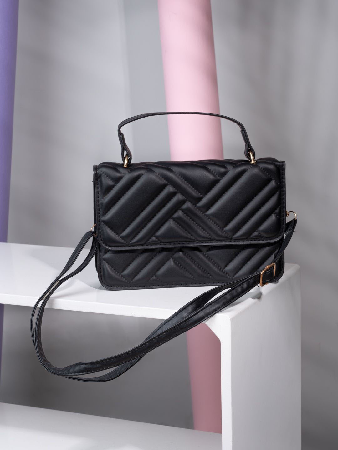 

Styli Women Debossed Pattern Structured Handheld Bag, Black