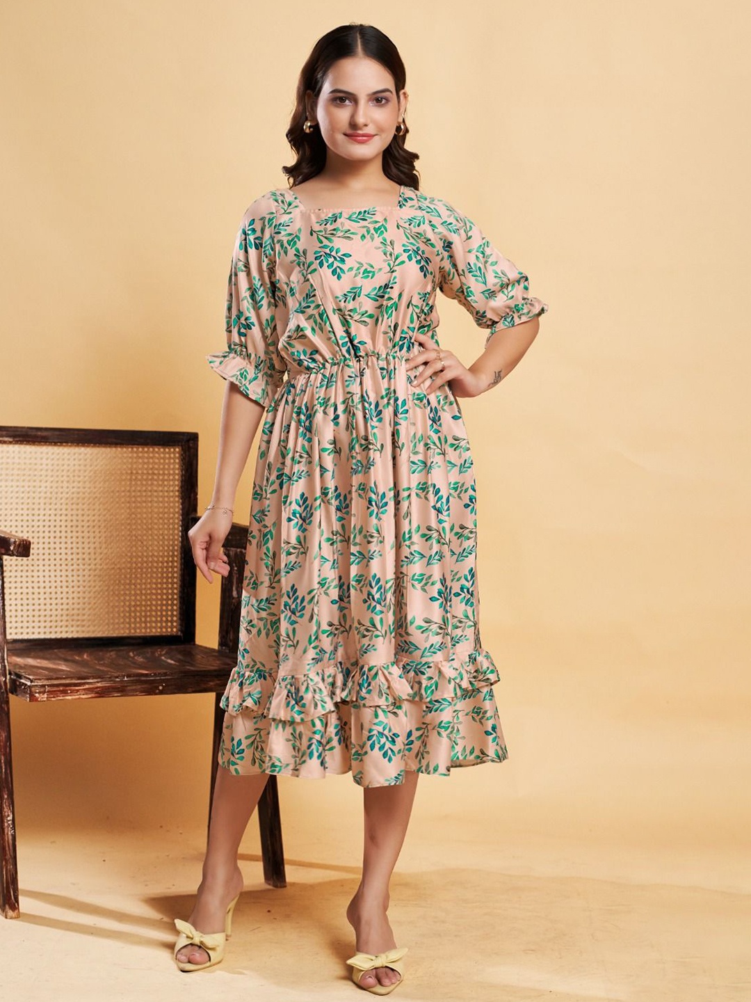 

ANAMSA Floral Print A-Line Midi Dress, Beige