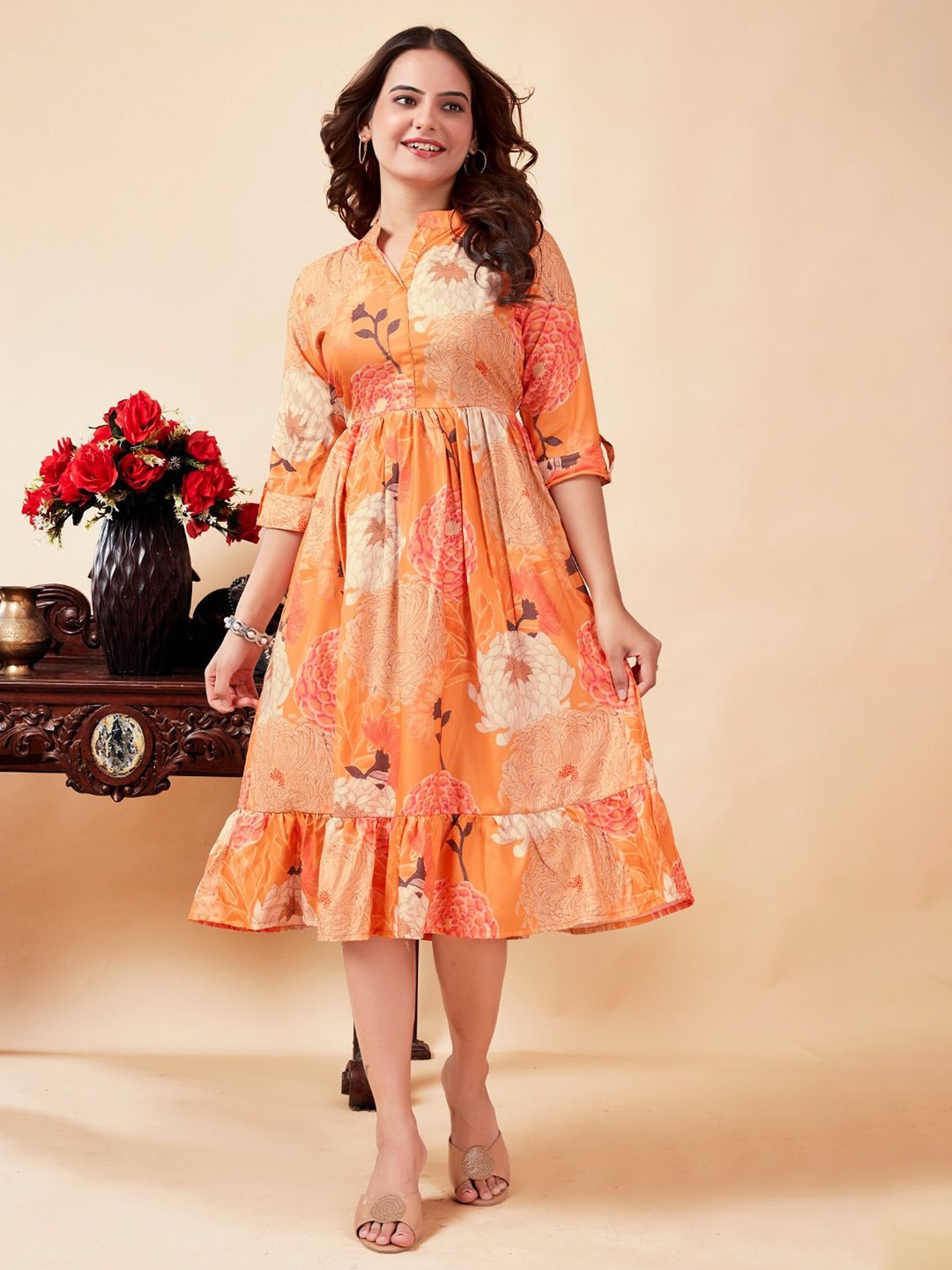 

ANAMSA Floral Print Fit & Flare Midi Dress, Orange