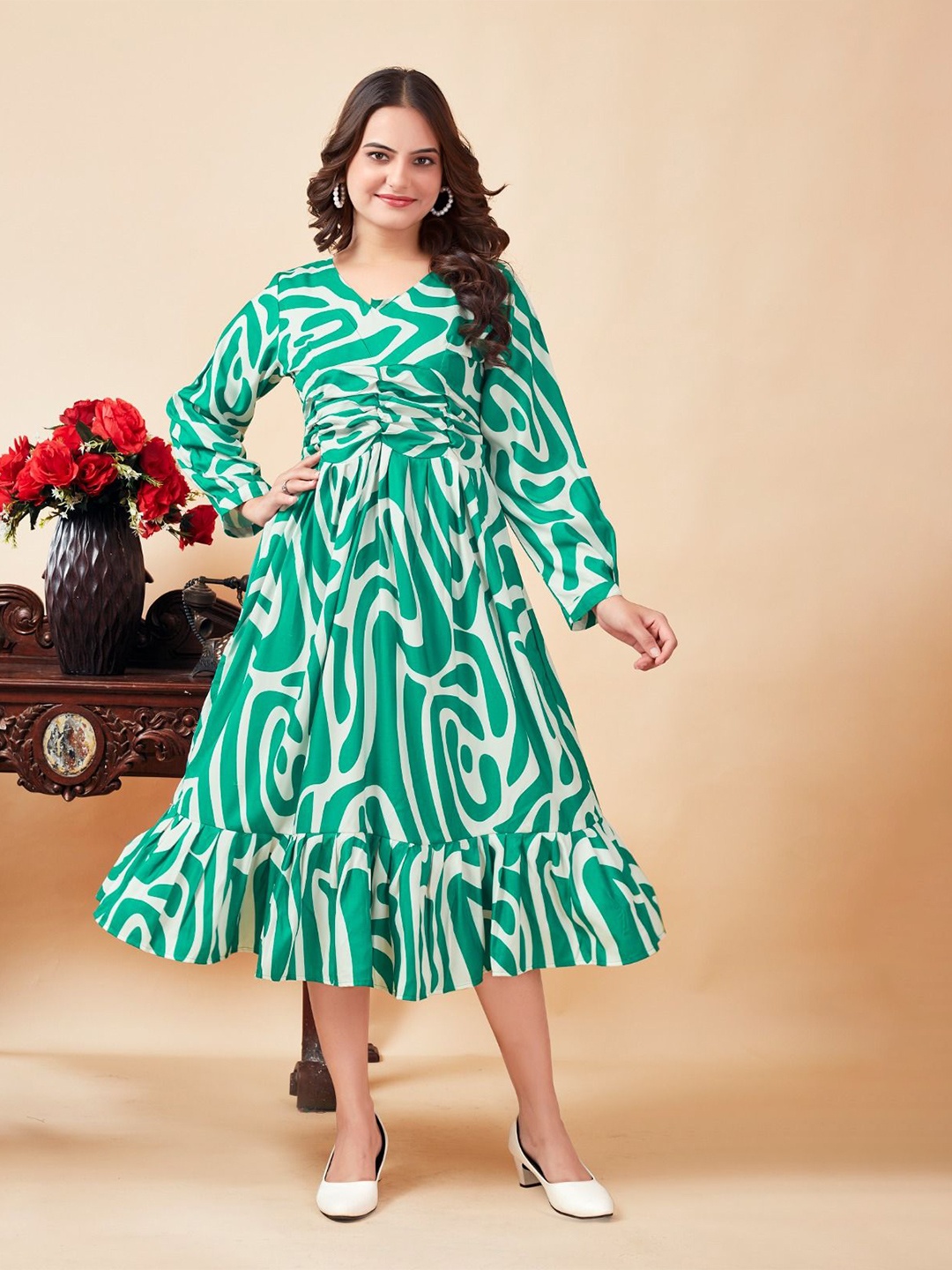 

ANAMSA Women Abstract Print Puff Sleeve A-Line Midi Dress, Green