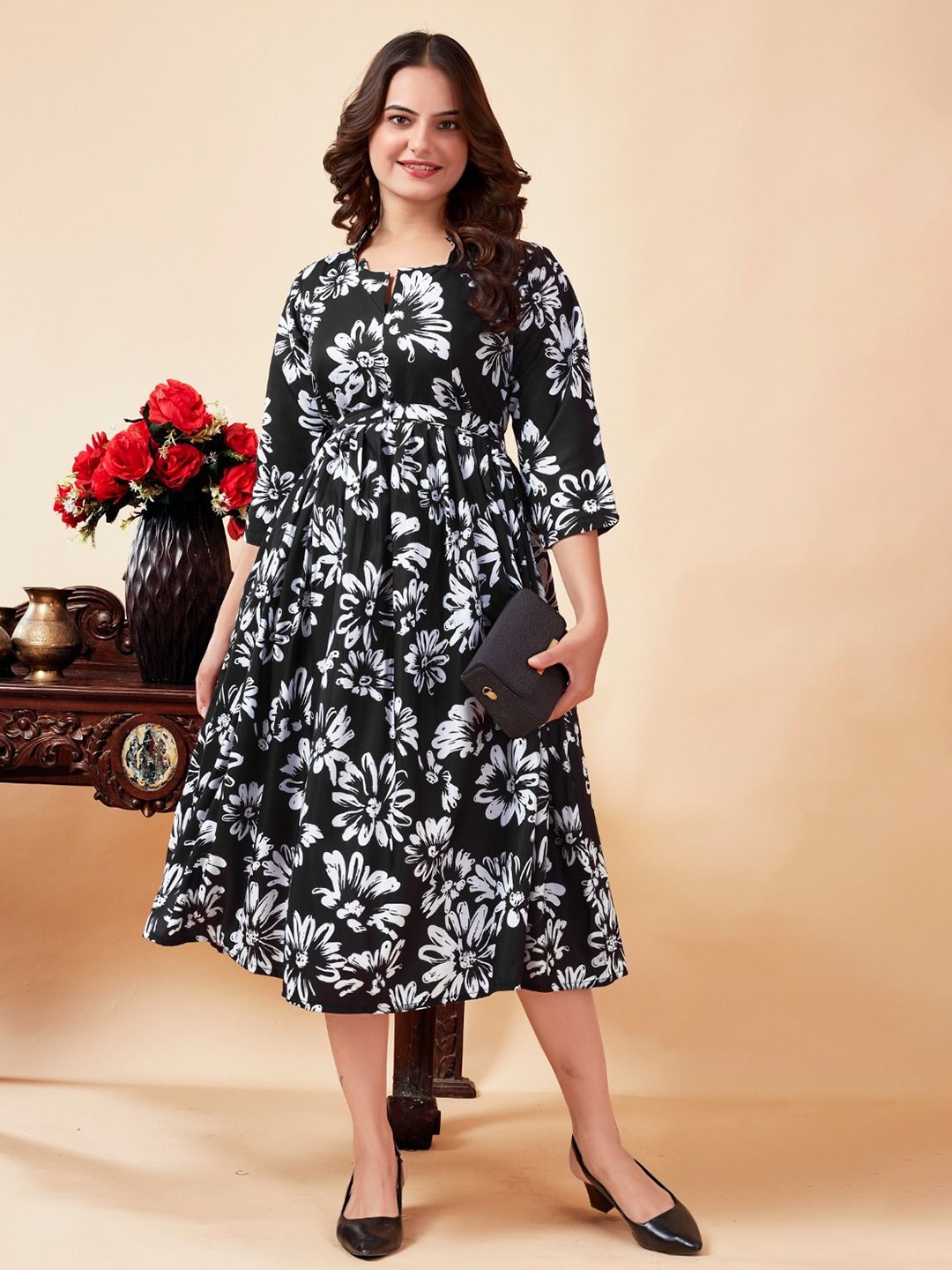 

ANAMSA Floral Print Fit and Flare Midi Dress, Black