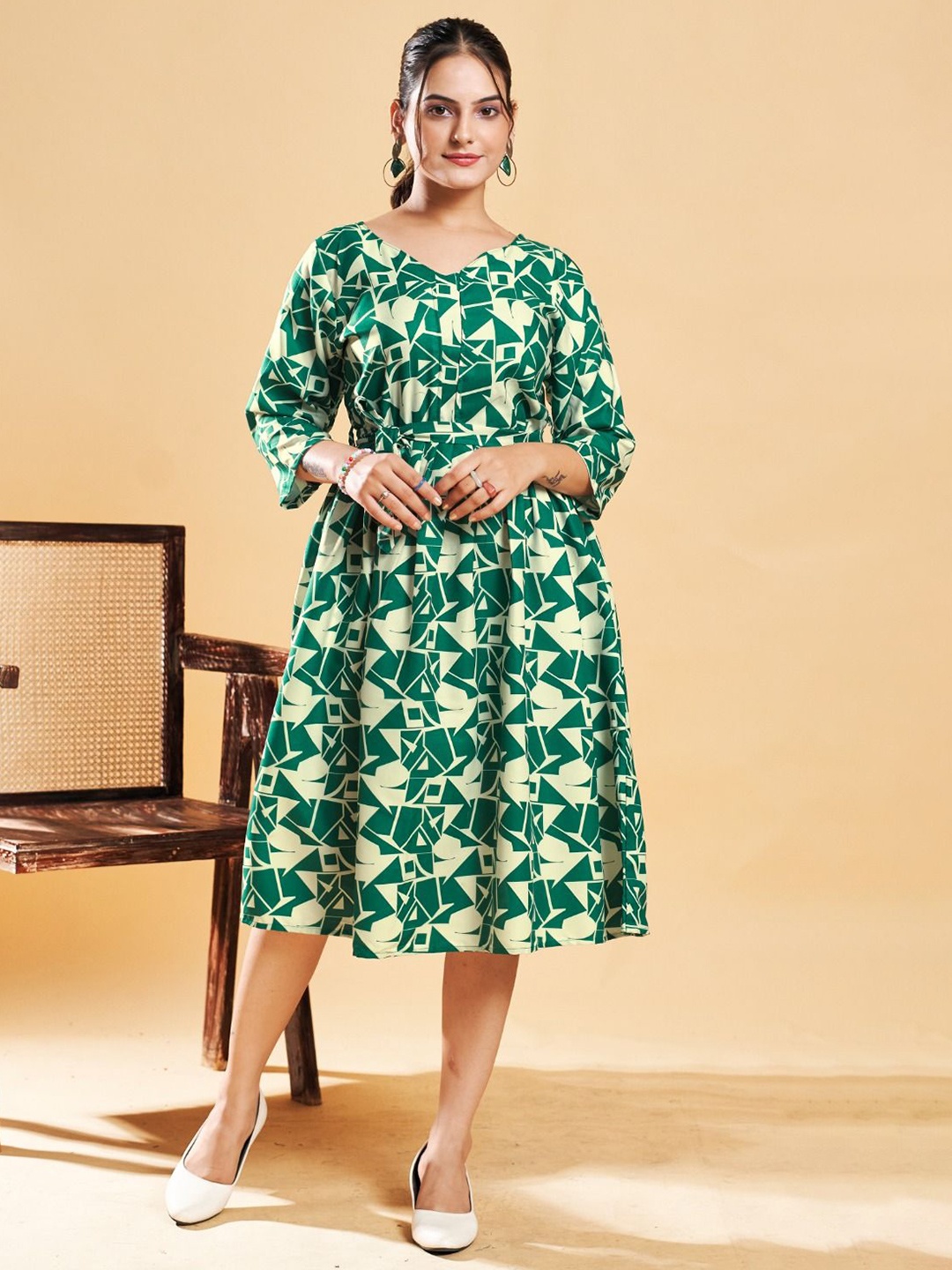 

ANAMSA Women Printed Fit and Flare Midi Dress, Green