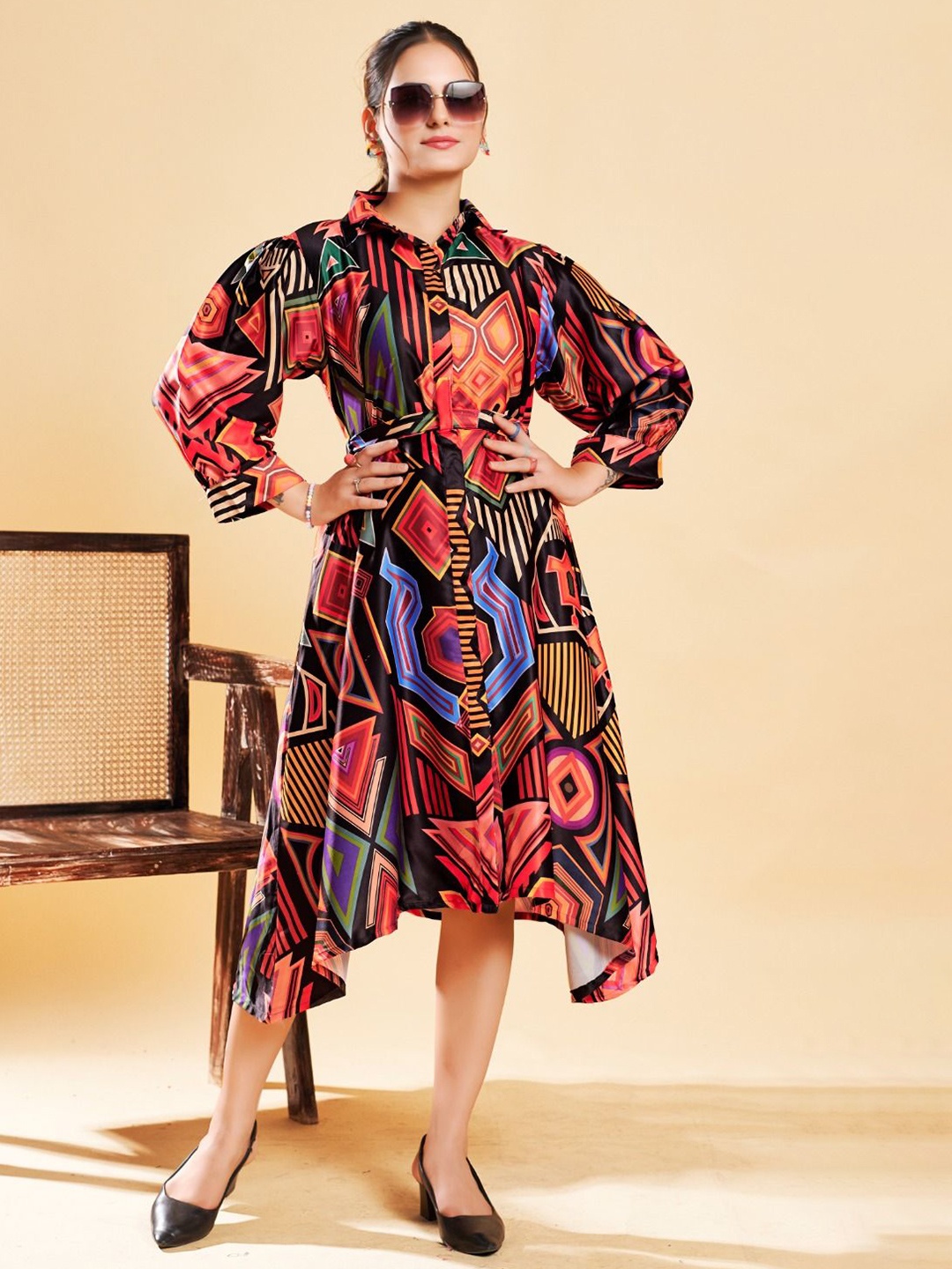 

ANAMSA Women Abstract Print A-Line Midi Dress, Multi