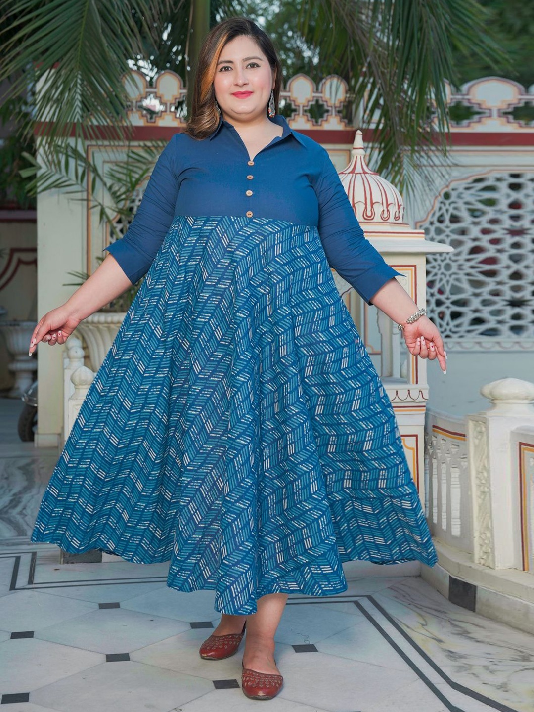 

YASH GALLERY Plus Size Cotton Printed A-Line Midi Dress, Blue