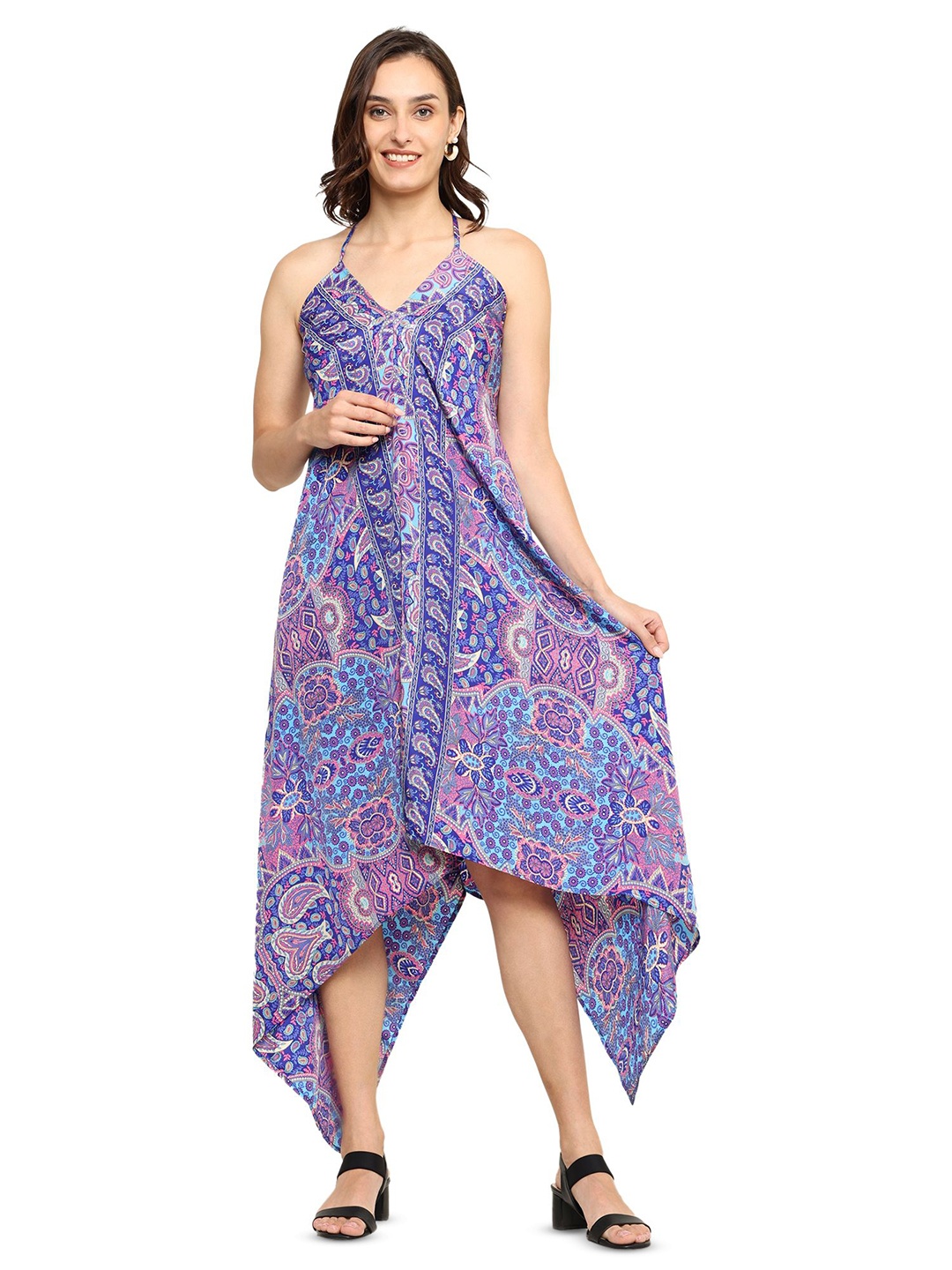 

YASH GALLERY Ethnic Motifs Print A-Line Dress, Blue