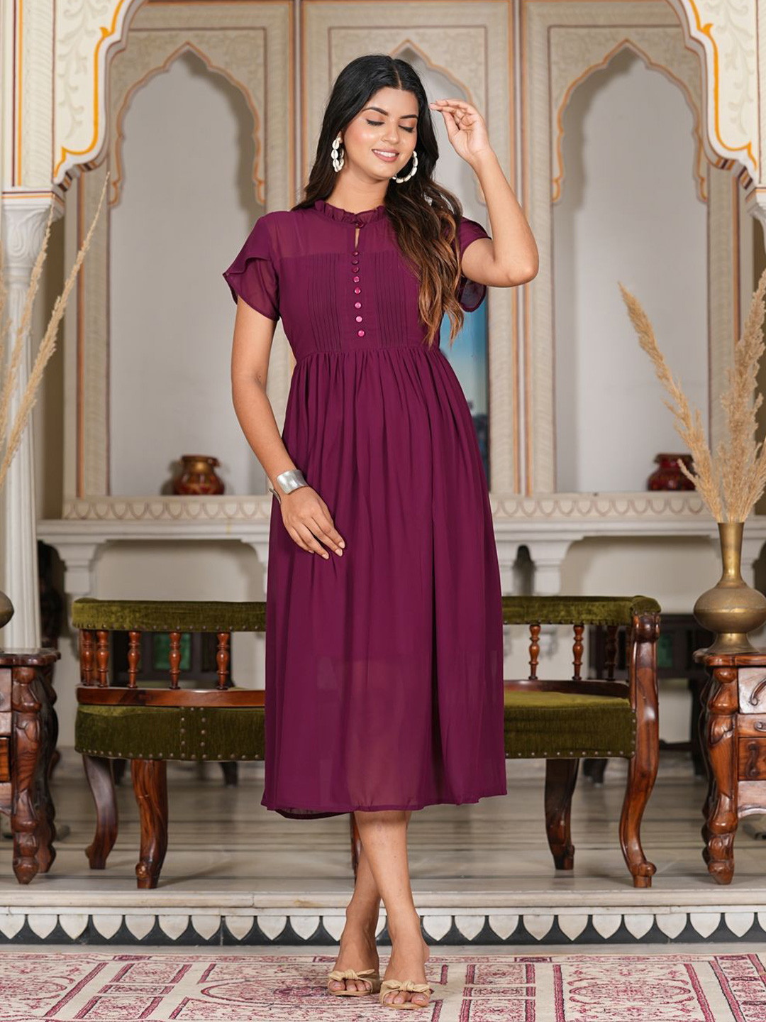

YASH GALLERY Women Georgette A-Line Midi Dress, Purple