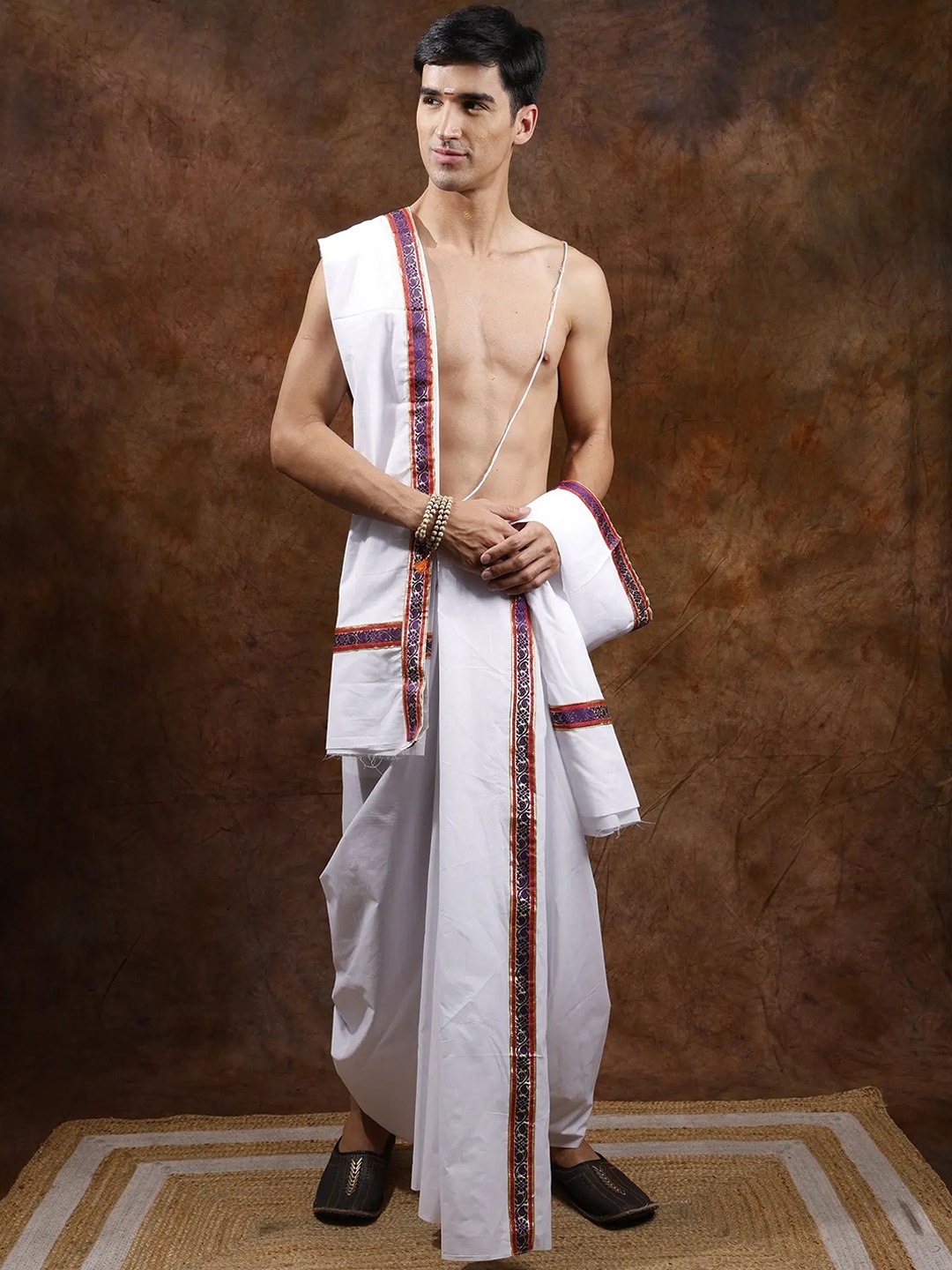 

Exotic India Pure Cotton Traditional Dhoti with Angavastram Set and Gota Patch Border, White