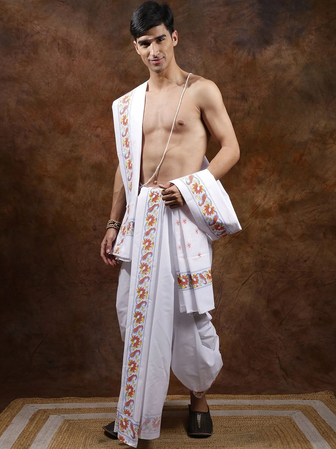 

Exotic India Pure Cotton Vine Printed Border Traditional Dhoti with Angavastram Set, White