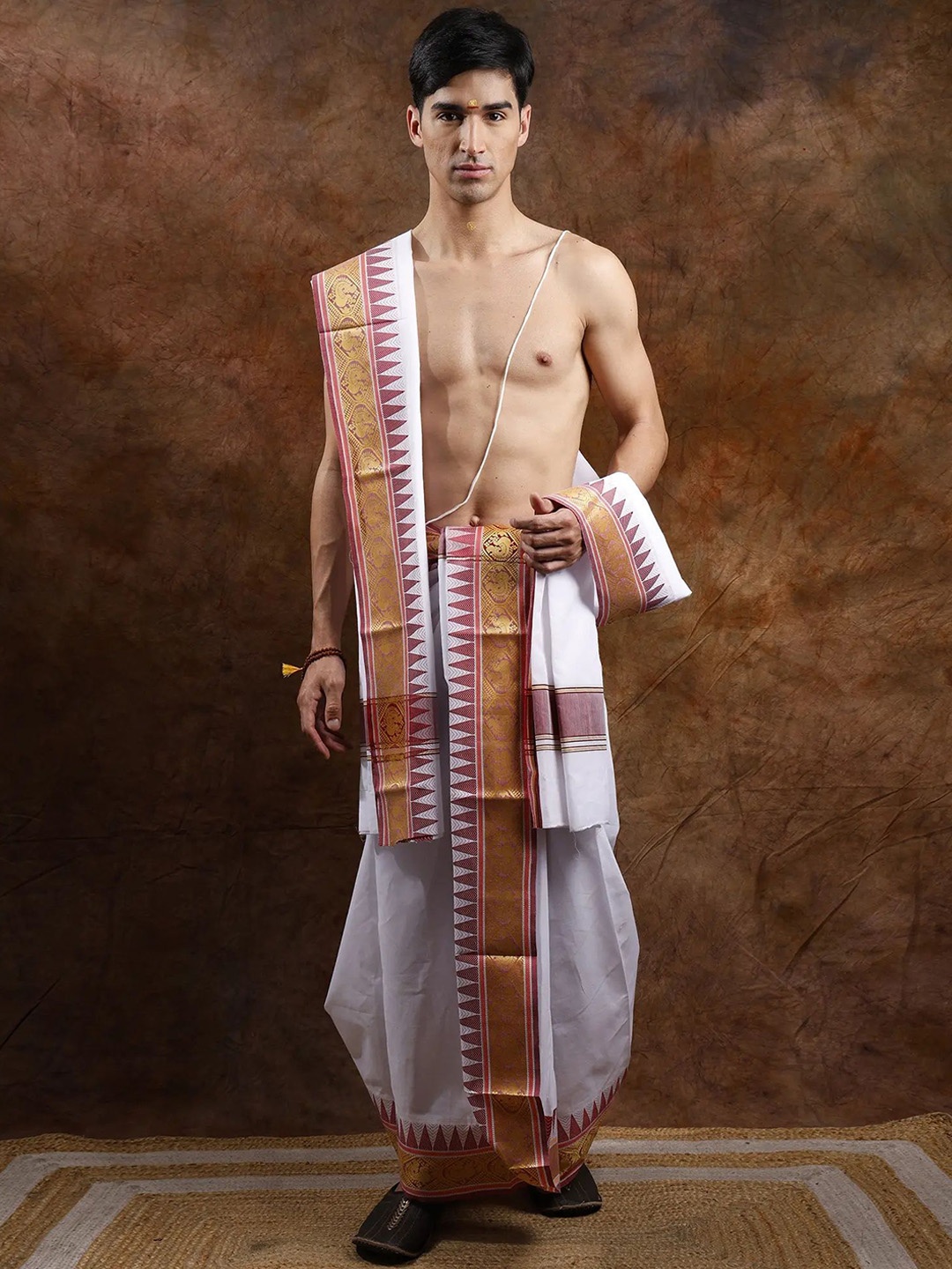 

Exotic India Bright White Plain Dhoti with Angavastram Set and Peacock-Temple Woven Border