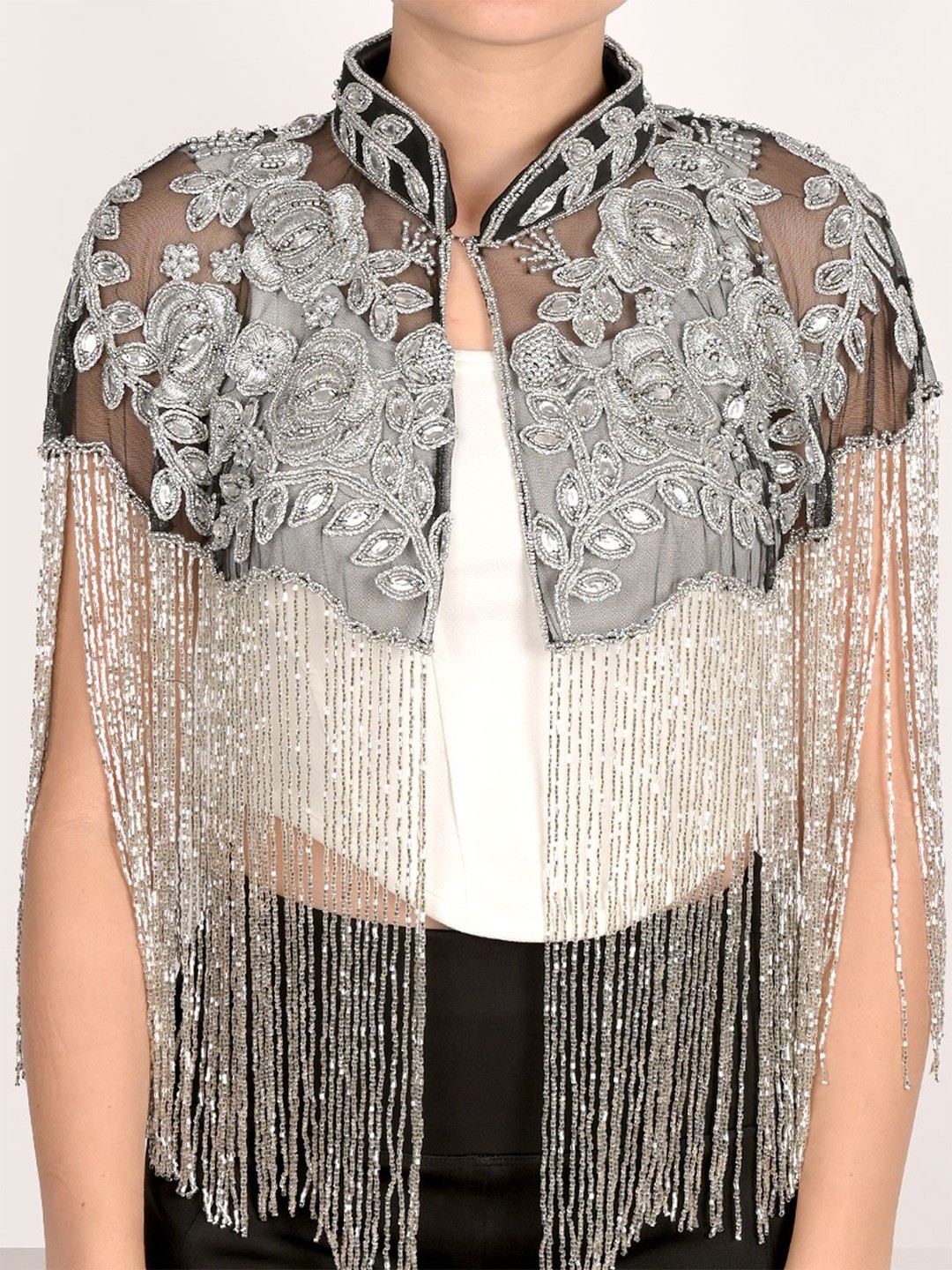 

ODETTE Embellished Mandarin Collar Crop Shrug, Black