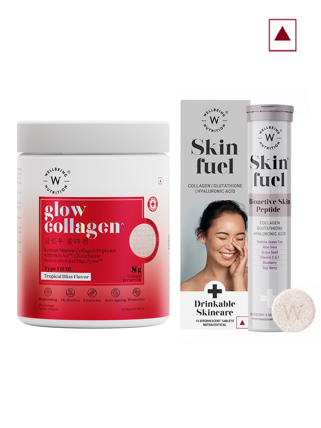 

Wellbeing Nutrition Skin Fuel Tablets - 15 Pcs & Glow Collagen Tropical Bliss Powder- 250g, Grey