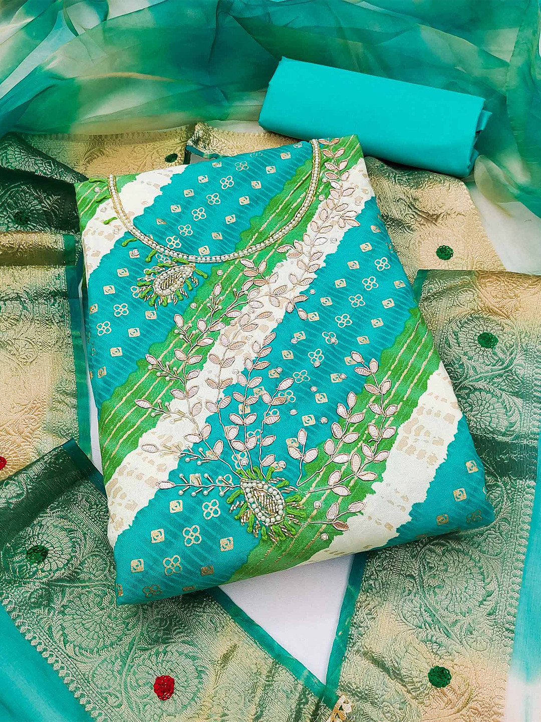 

Peachmode Ethnic Motifs Printed Gotta Patti Pure Cotton Unstitched Dress Material, Blue