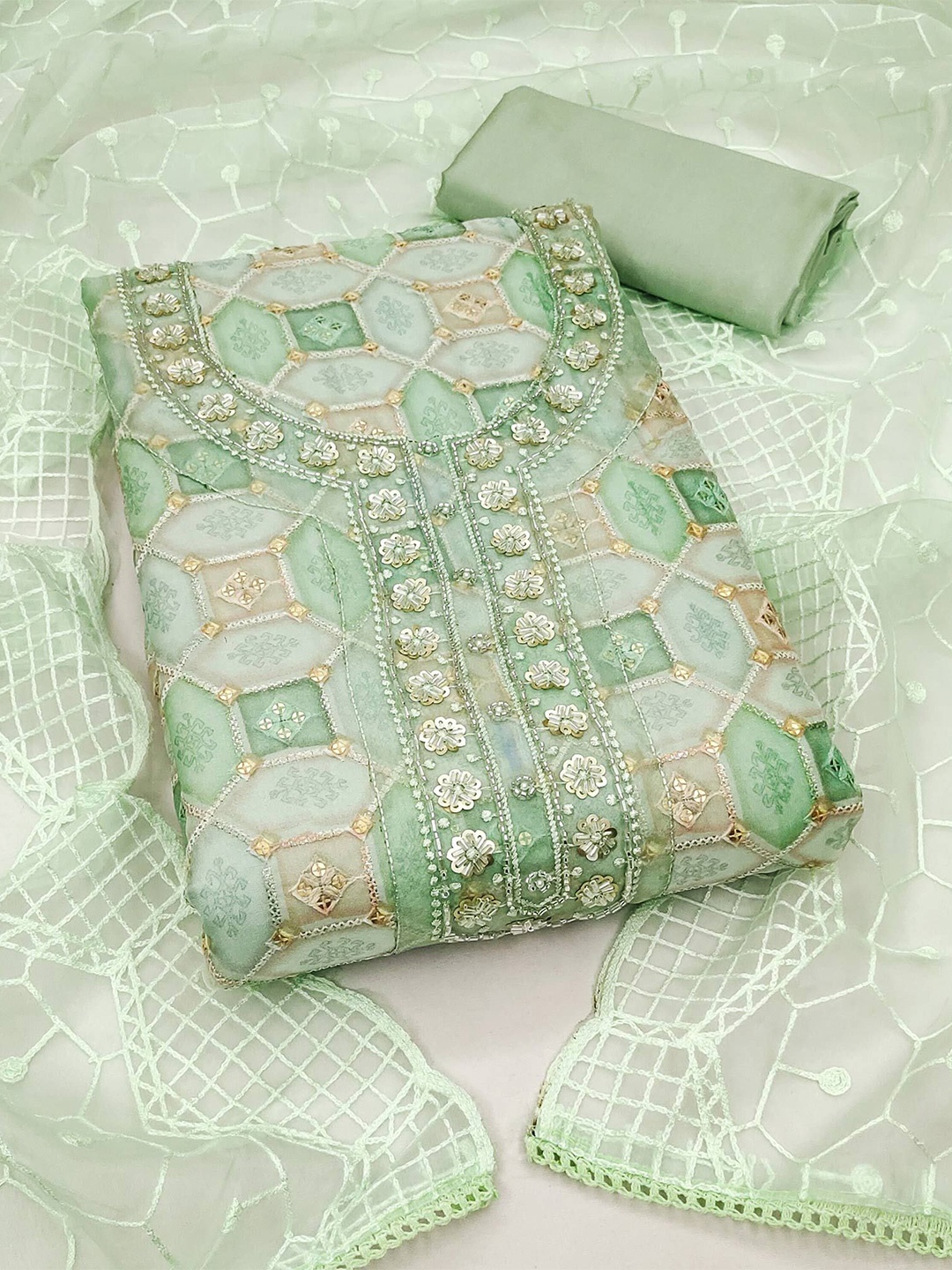 

Peachmode Ethnic Motifs Embroidered Sequined Organza Unstitched Dress Material, Green