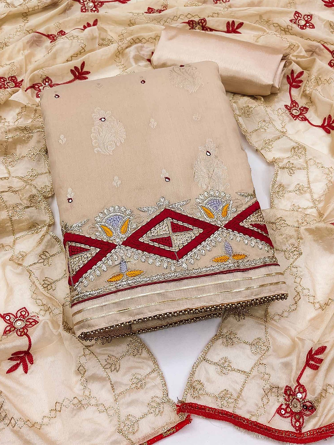 

Peachmode Floral Woven Design Banarasi Silk Unstitched Dress Material, Beige