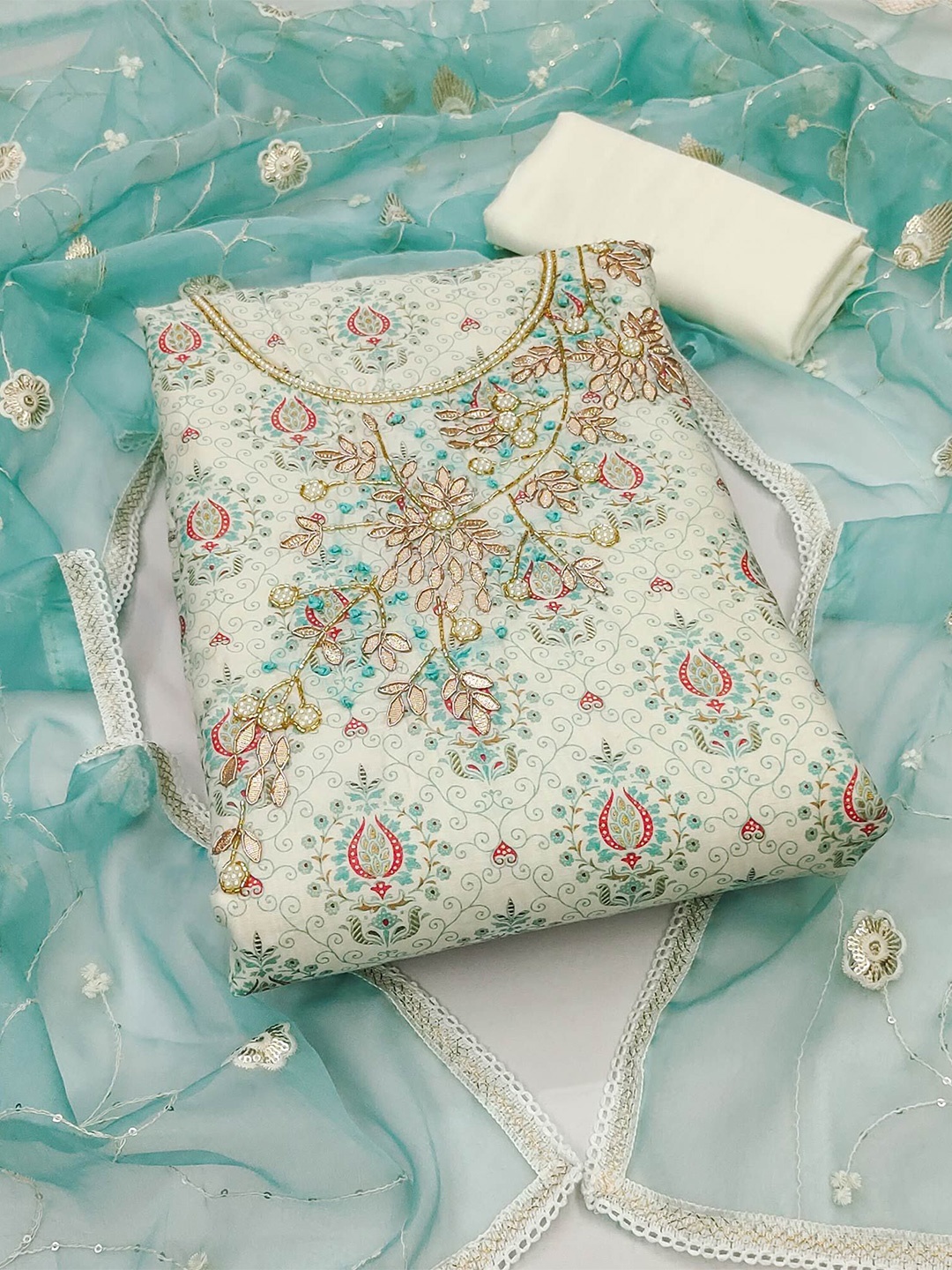 

Peachmode Floral Printed Chanderi Silk Unstitched Dress Material, Off white