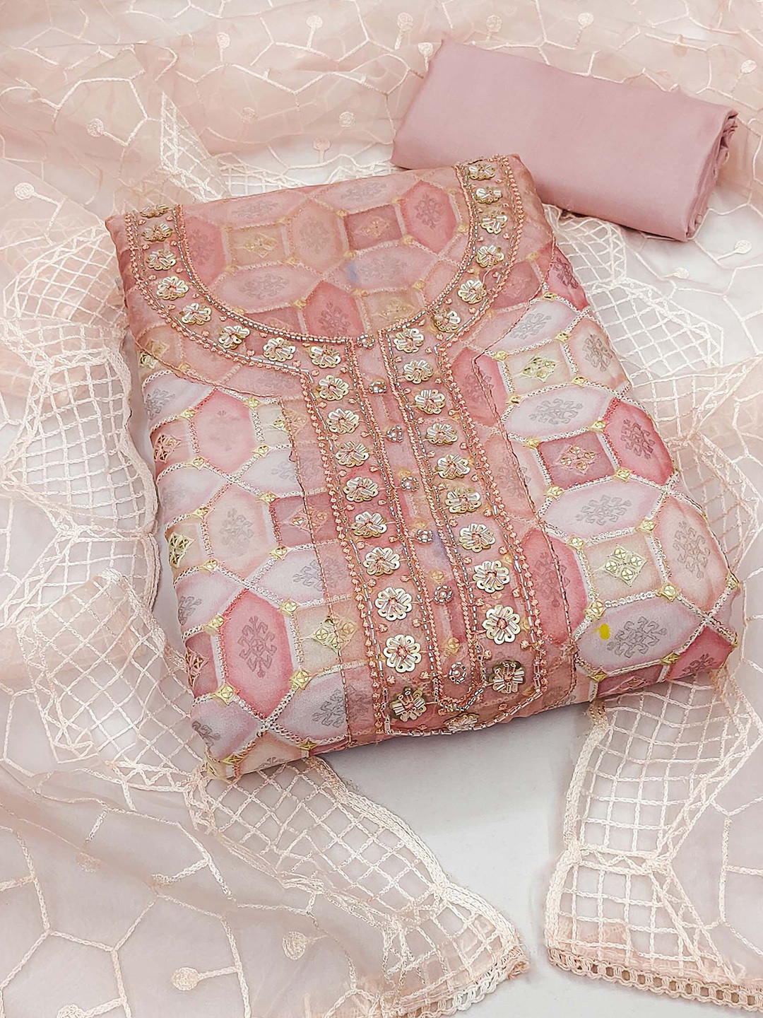 

Peachmode Geometric Embroidered Sequinned Organza Unstitched Dress Material, Peach