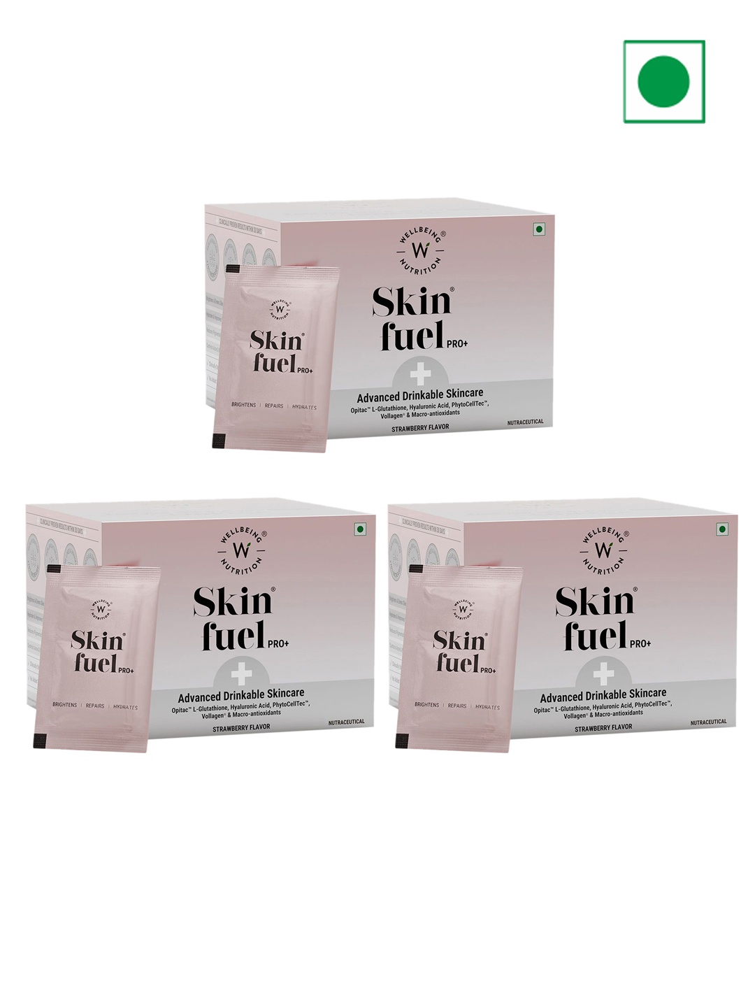 

Wellbeing Nutrition Set Of 3 Skin Fuel Pro+ Strawberry Flavour Powder - 28 Sachet Each, Pink